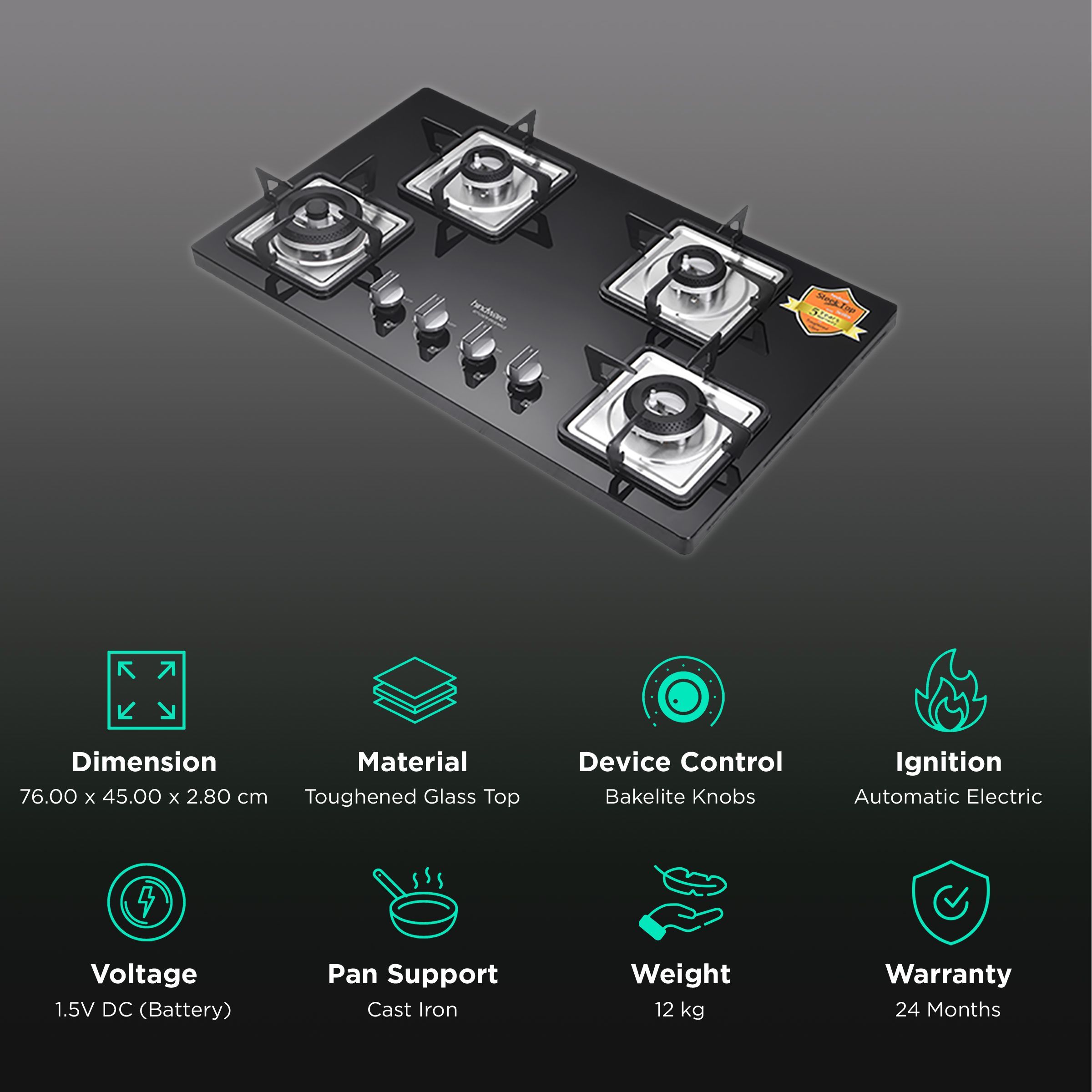 Hindware Rosia Toughened Glass Top 4 Burner Automatic Electric Hob (Spill Proof, Black)_3