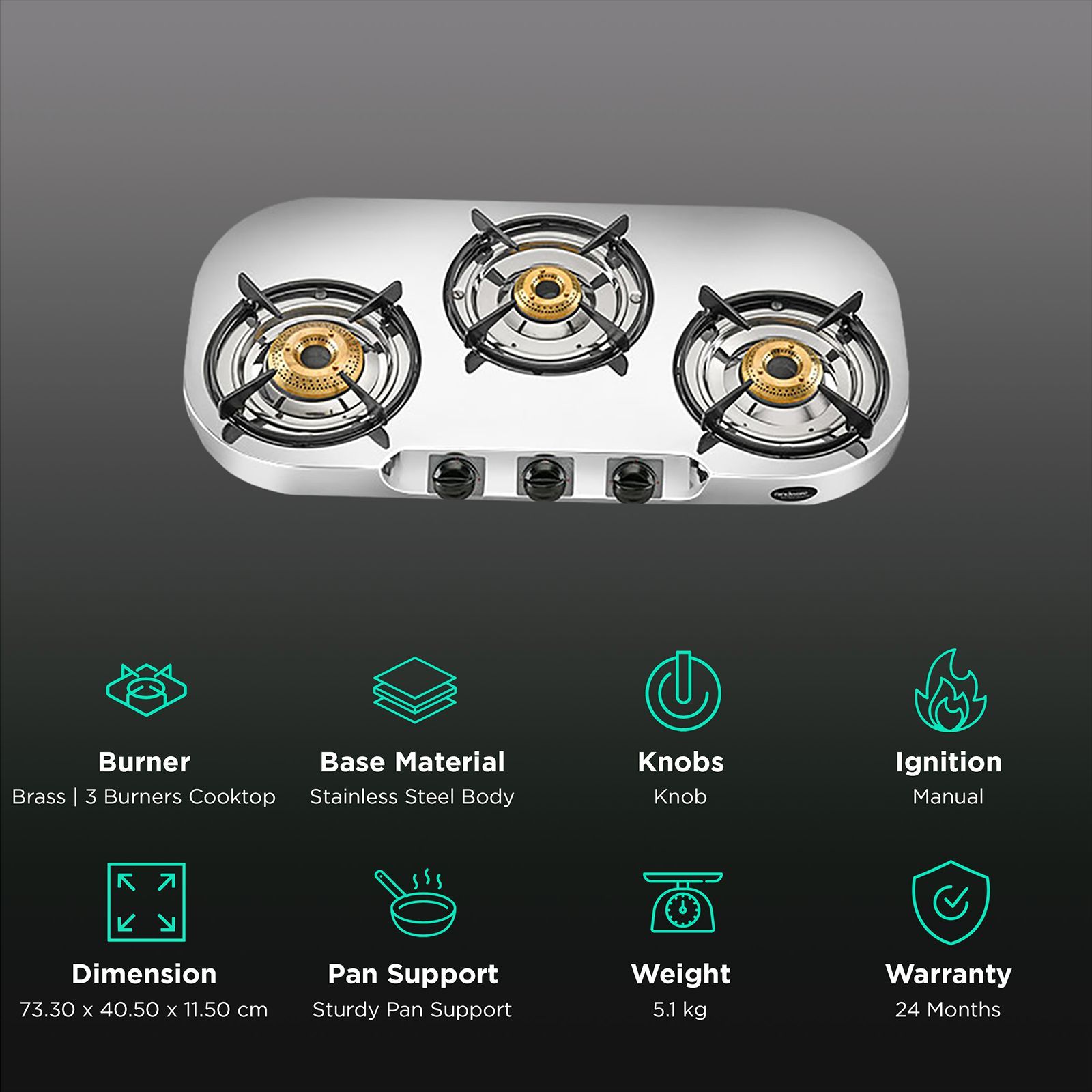 hindware Festo 3 Burner Manual Gas Stove (Sturdy Pan Support, Silver)_3