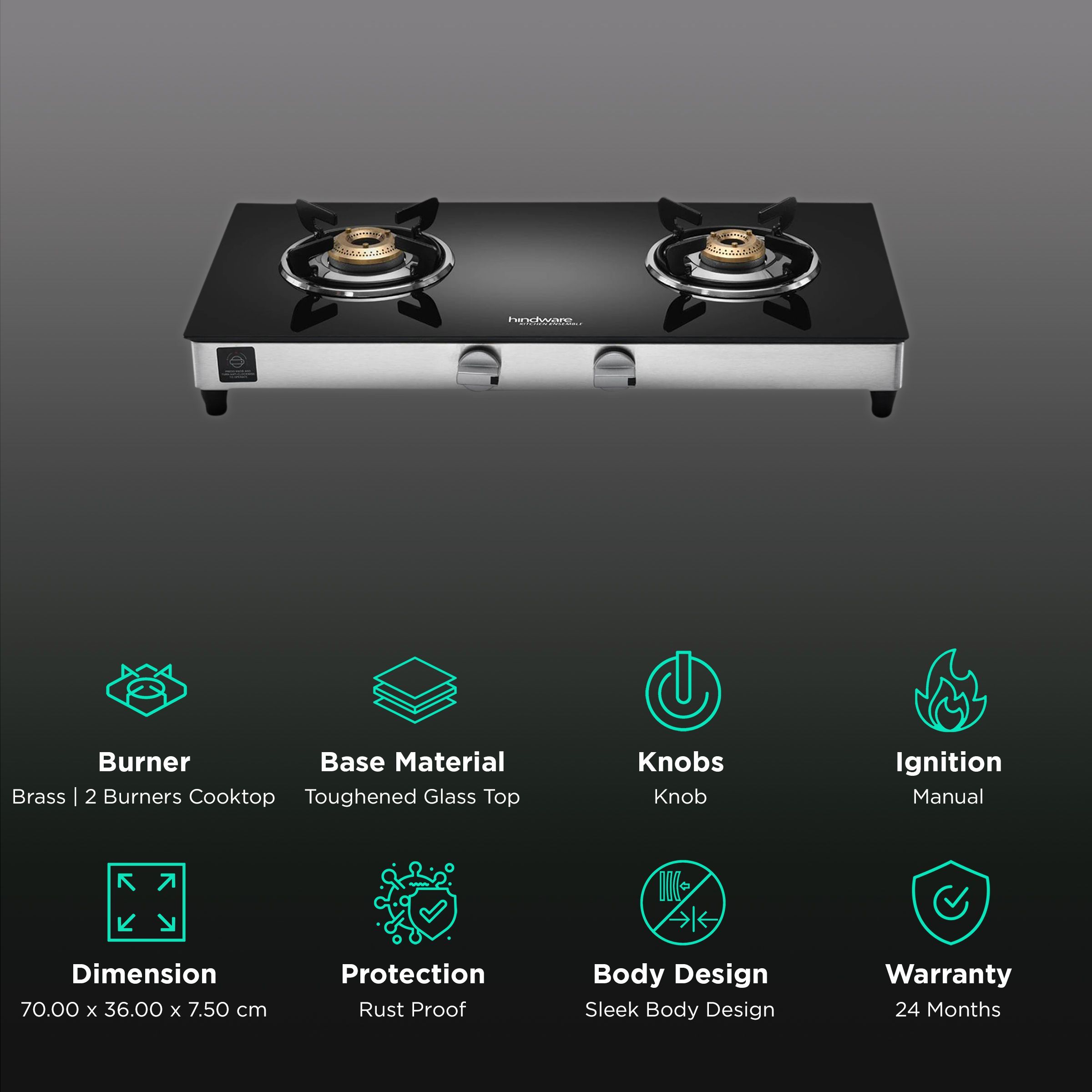 Hindware ARMO Plus Toughened Glass Top 2 Burner Manual Gas Stove (Sleek Body Design, Black)_3