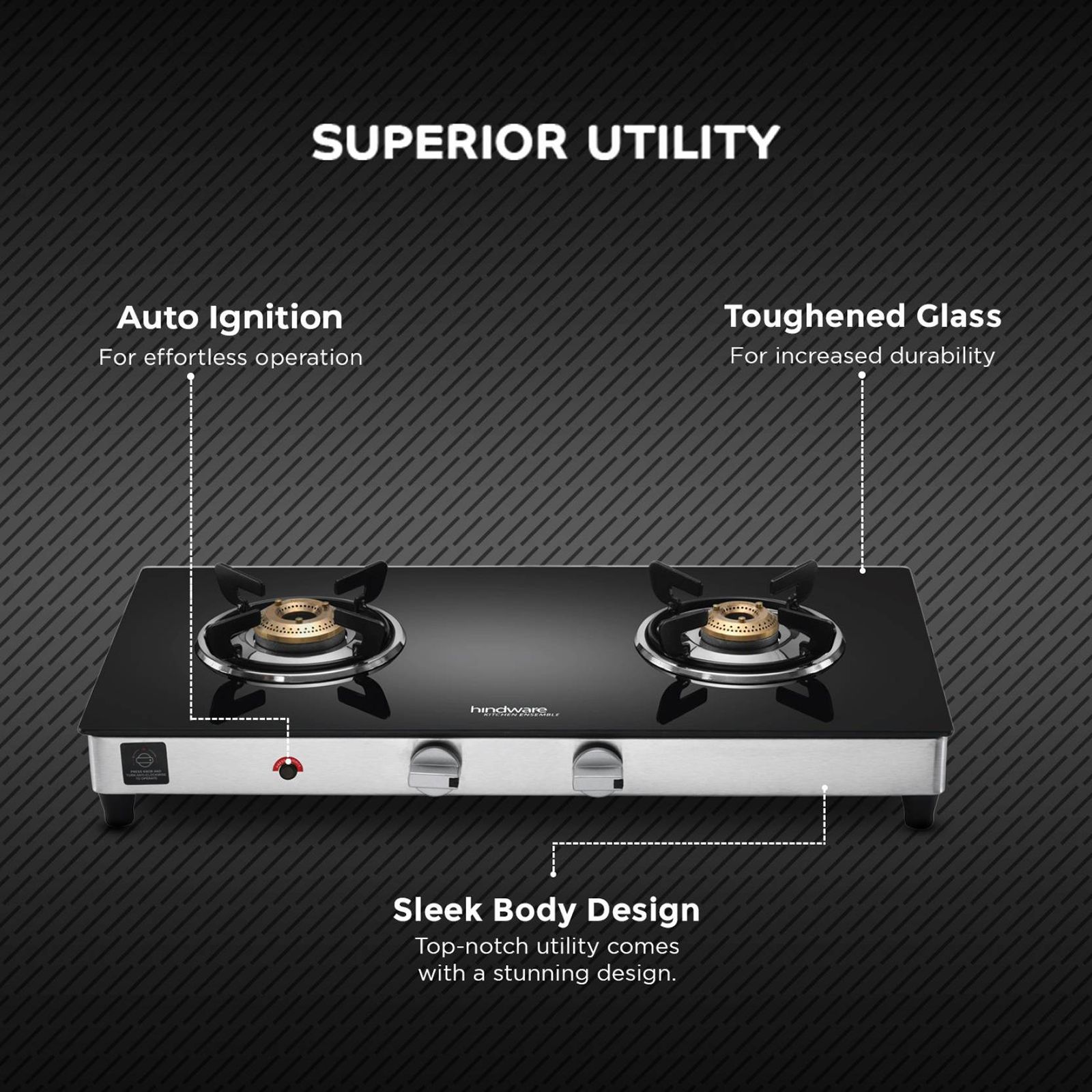 Hindware ARMO Plus Toughened Glass Top 2 Burner Automatic Gas Stove (Sleek Body Design, Black)_5
