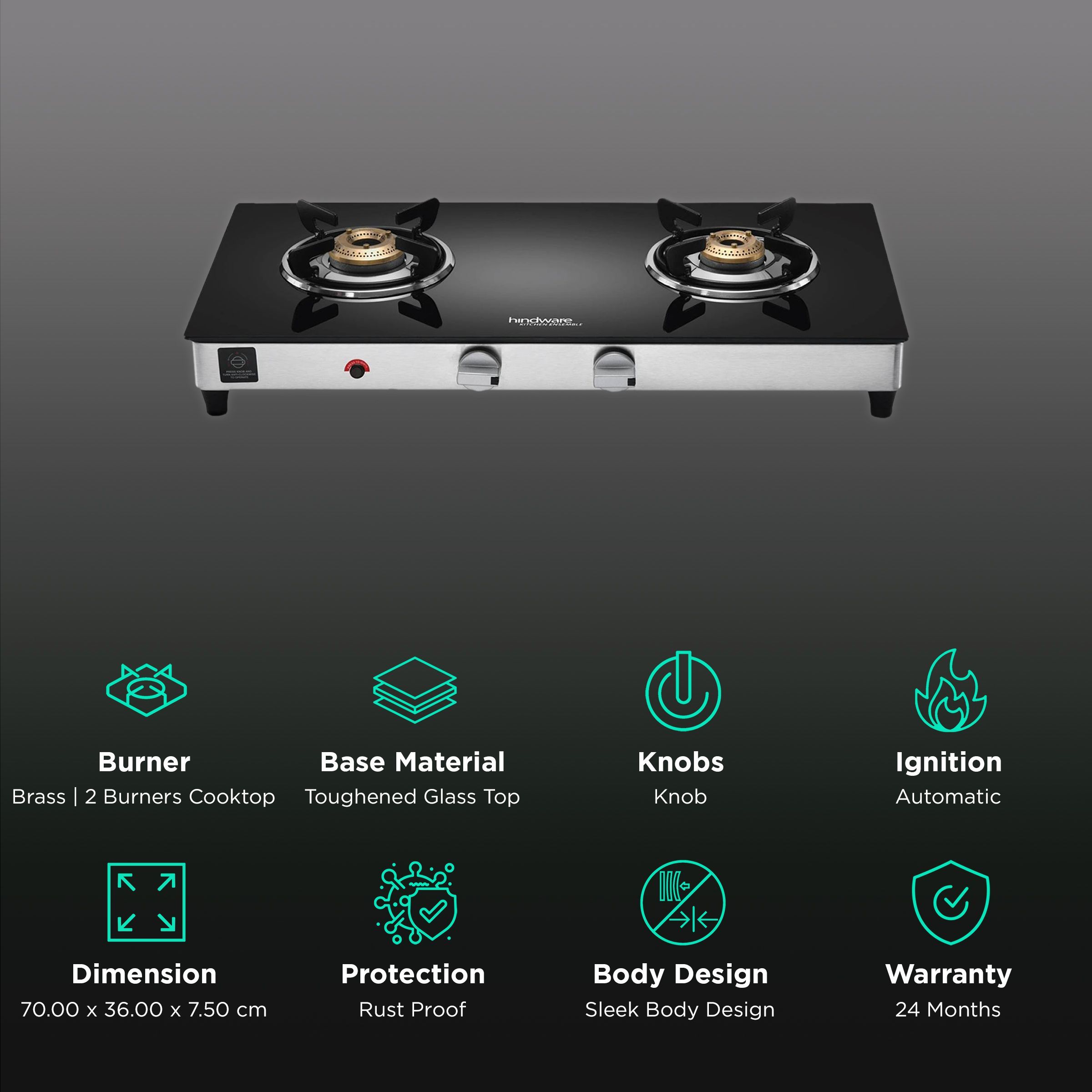 Hindware ARMO Plus Toughened Glass Top 2 Burner Automatic Gas Stove (Sleek Body Design, Black)_3
