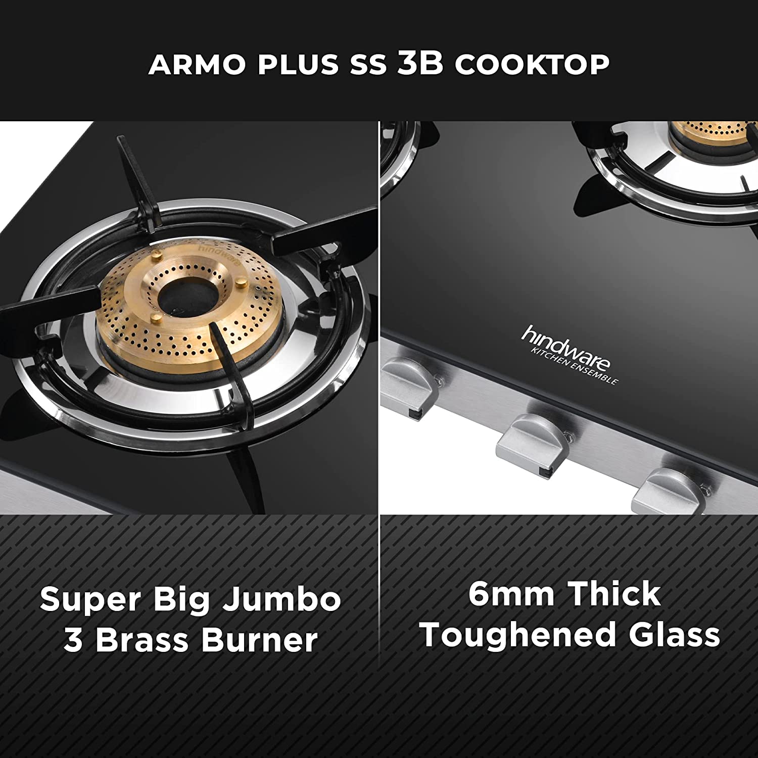 Hindware ARMO Plus Toughened Glass Top 3 Burner Manual Gas Stove (Sleek Body Design, Black)_6