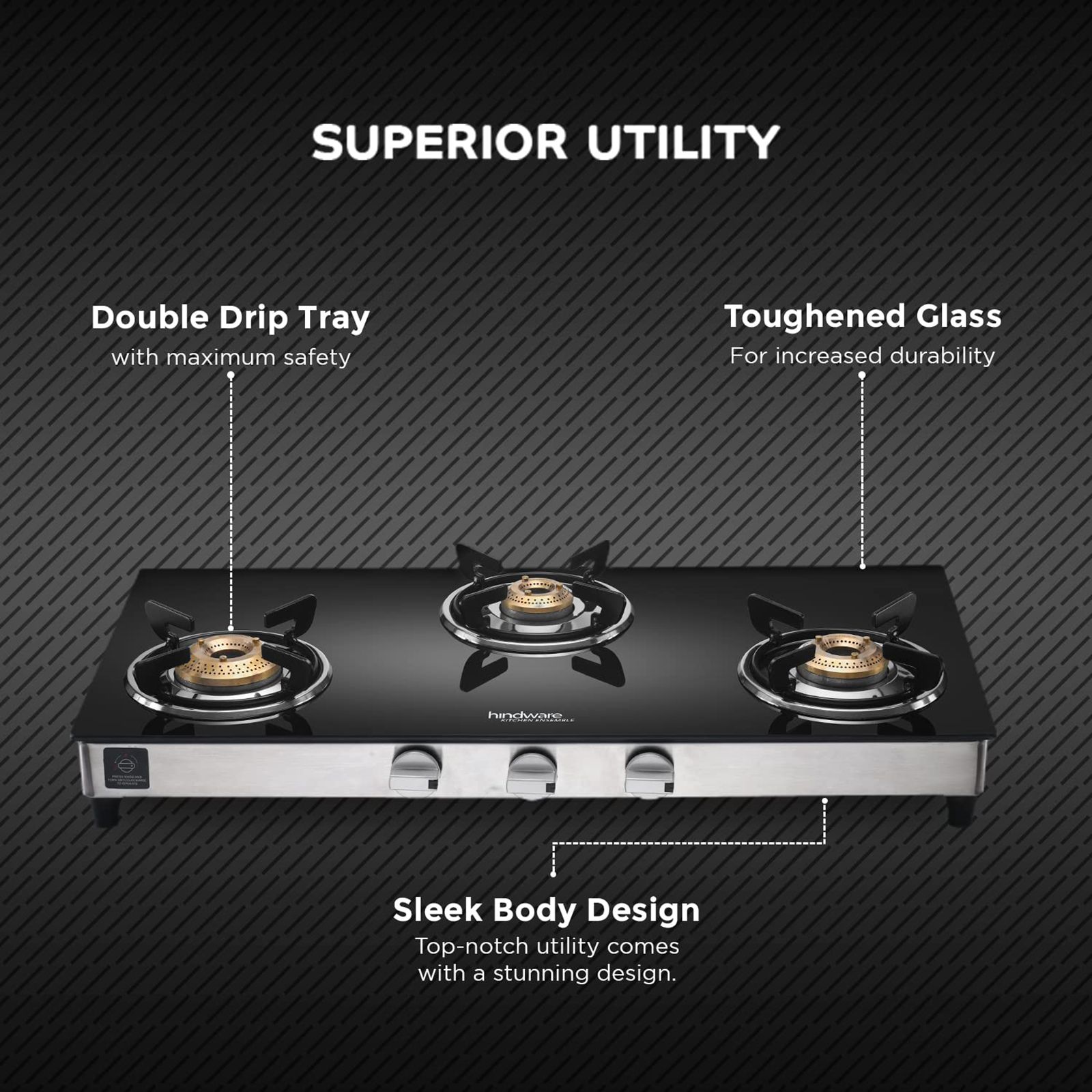Hindware ARMO Plus Toughened Glass Top 3 Burner Manual Gas Stove (Sleek Body Design, Black)_9
