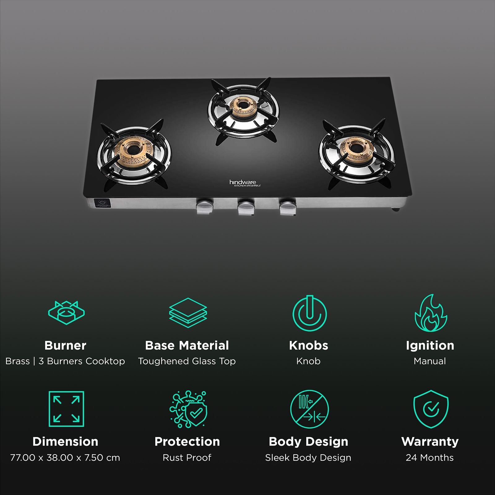 Hindware ARMO Plus Toughened Glass Top 3 Burner Manual Gas Stove (Sleek Body Design, Black)_3