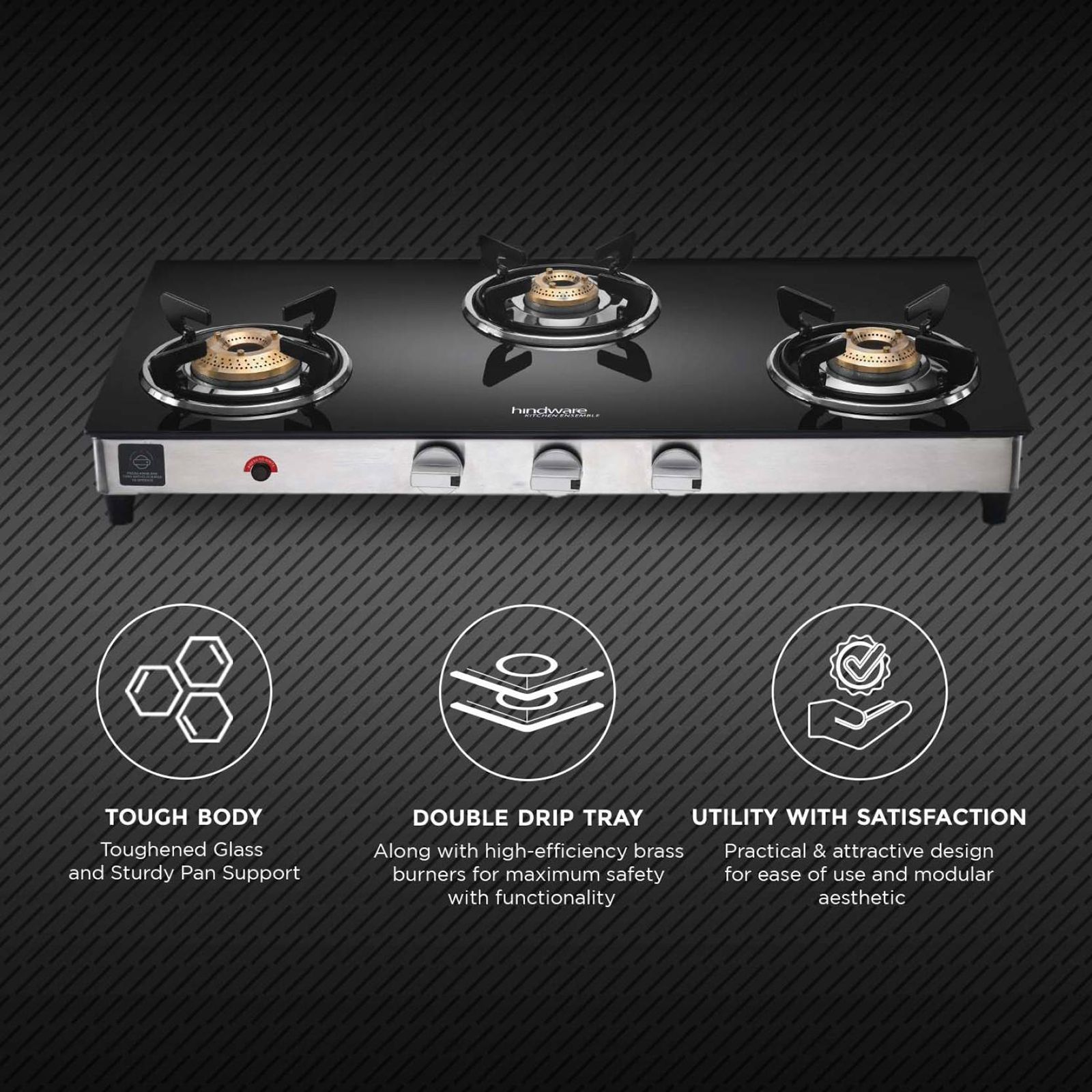 Hindware ARMO Plus Toughened Glass Top 3 Burner Automatic Gas Stove (Sleek Body Design, Black)_5