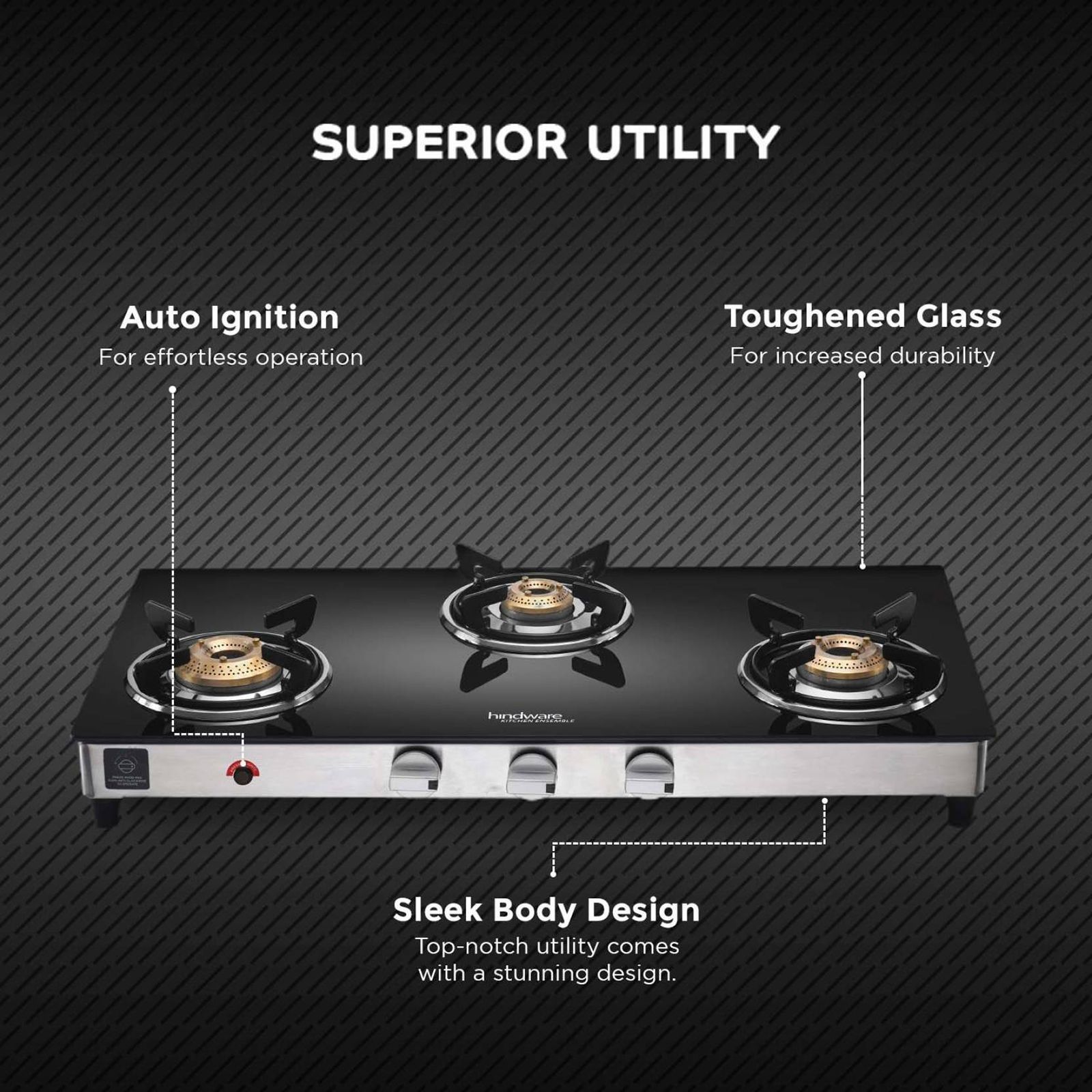 Hindware ARMO Plus Toughened Glass Top 3 Burner Automatic Gas Stove (Sleek Body Design, Black)_6