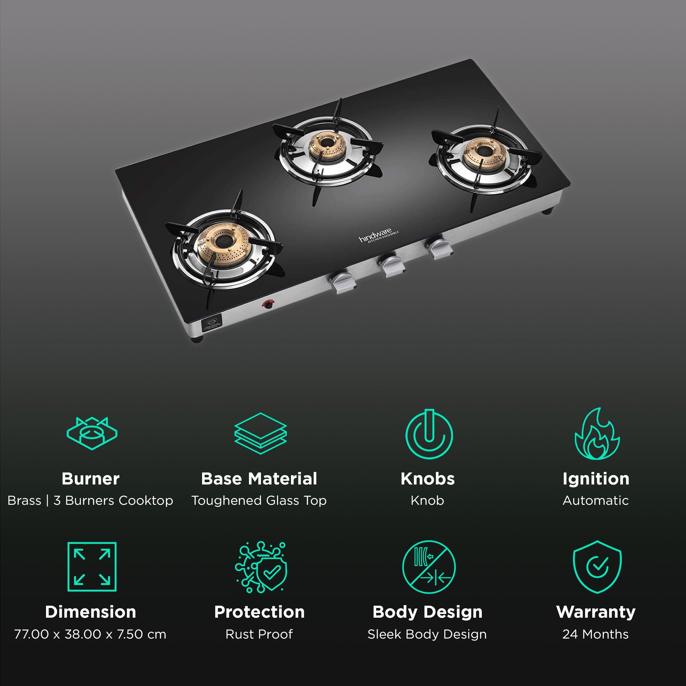 Hindware ARMO Plus Toughened Glass Top 3 Burner Automatic Gas Stove (Sleek Body Design, Black)_3