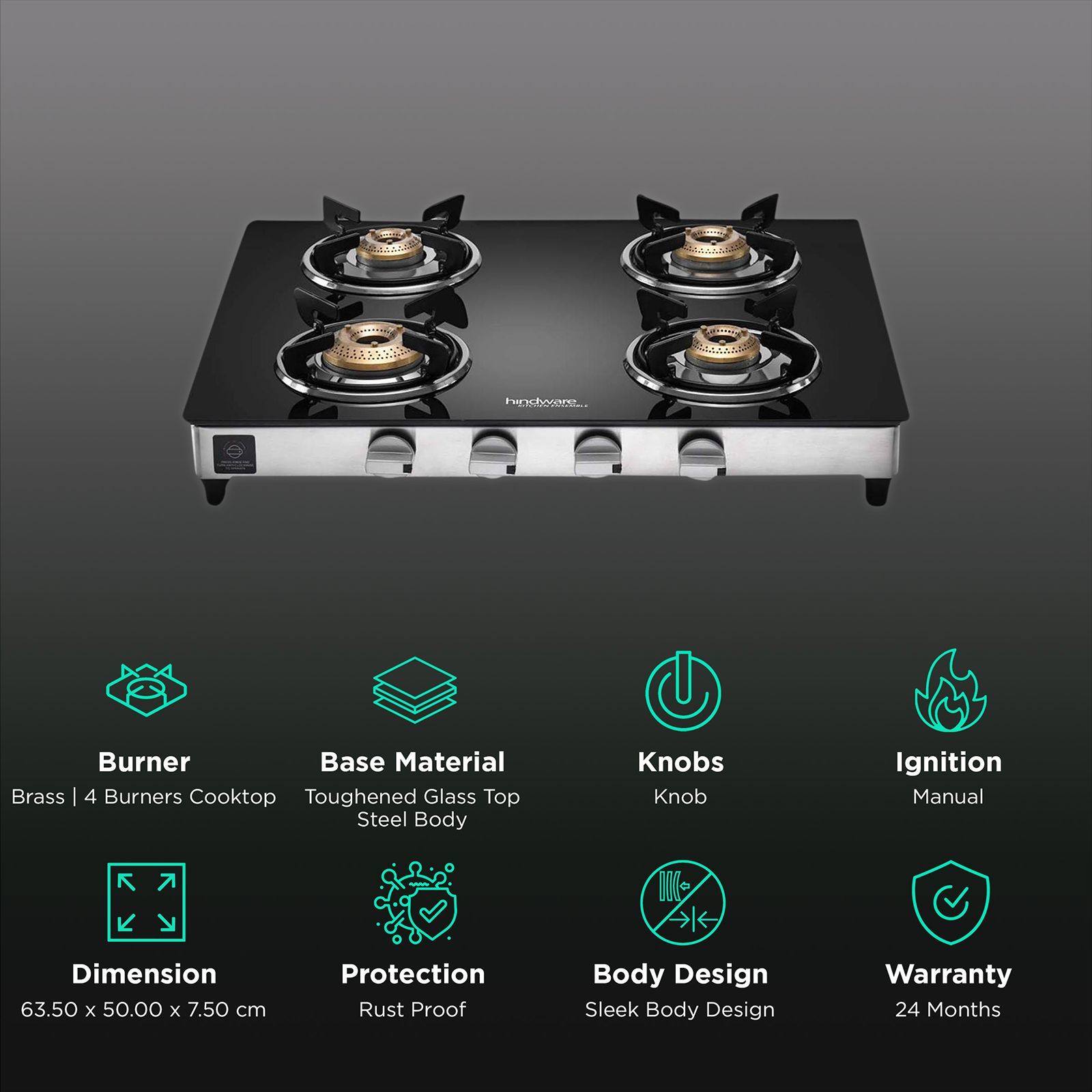 Hindware ARMO Plus Toughened Glass Top 4 Burner Manual Gas Stove (Sleek Body Design, Black)_3