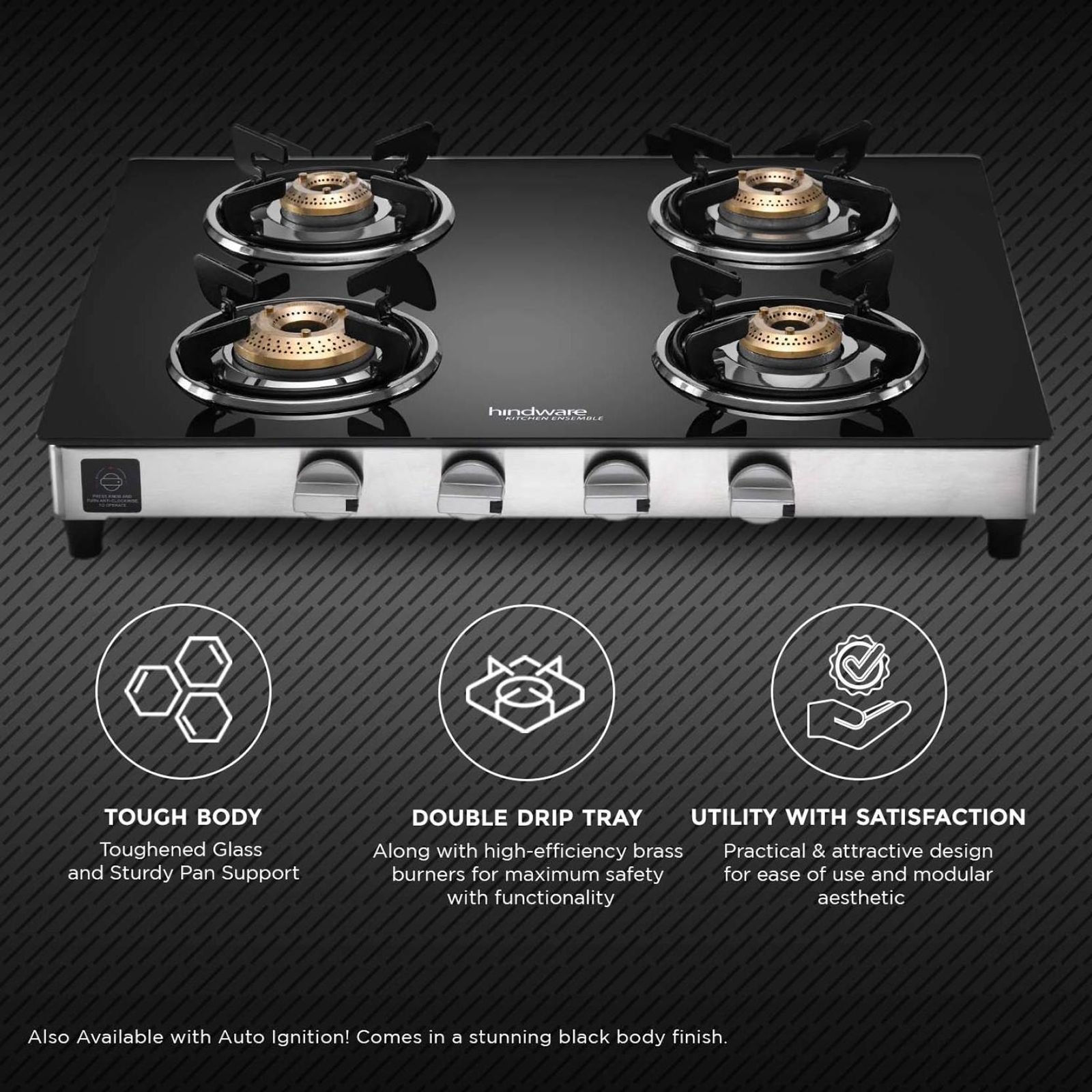 Hindware ARMO Plus Toughened Glass Top 4 Burner Manual Gas Stove (Sleek Body Design, Black)_5