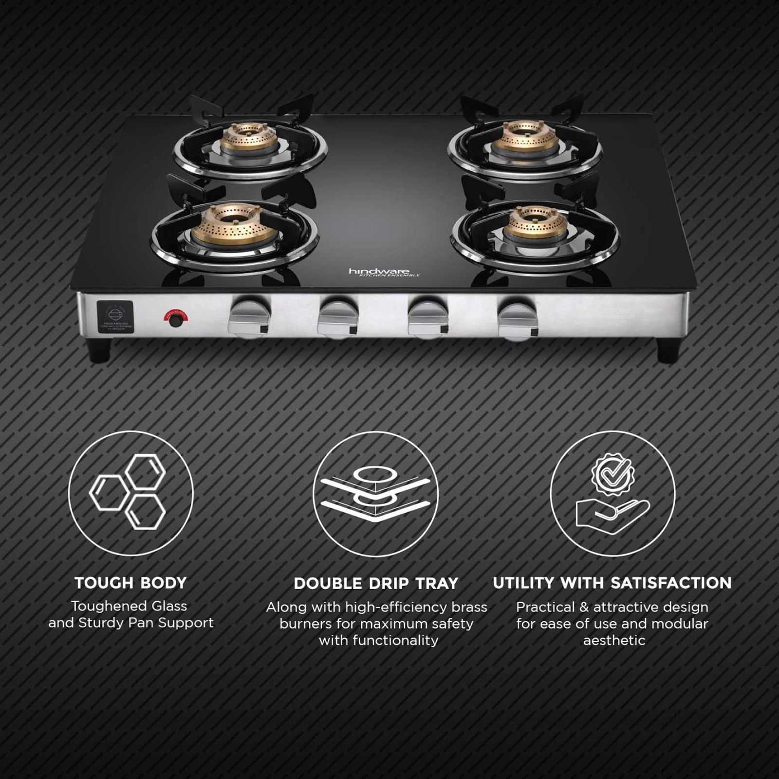 Hindware ARMO Plus Toughened Glass Top 4 Burner Automatic Gas Stove (Sleek Body Design, Black)_7