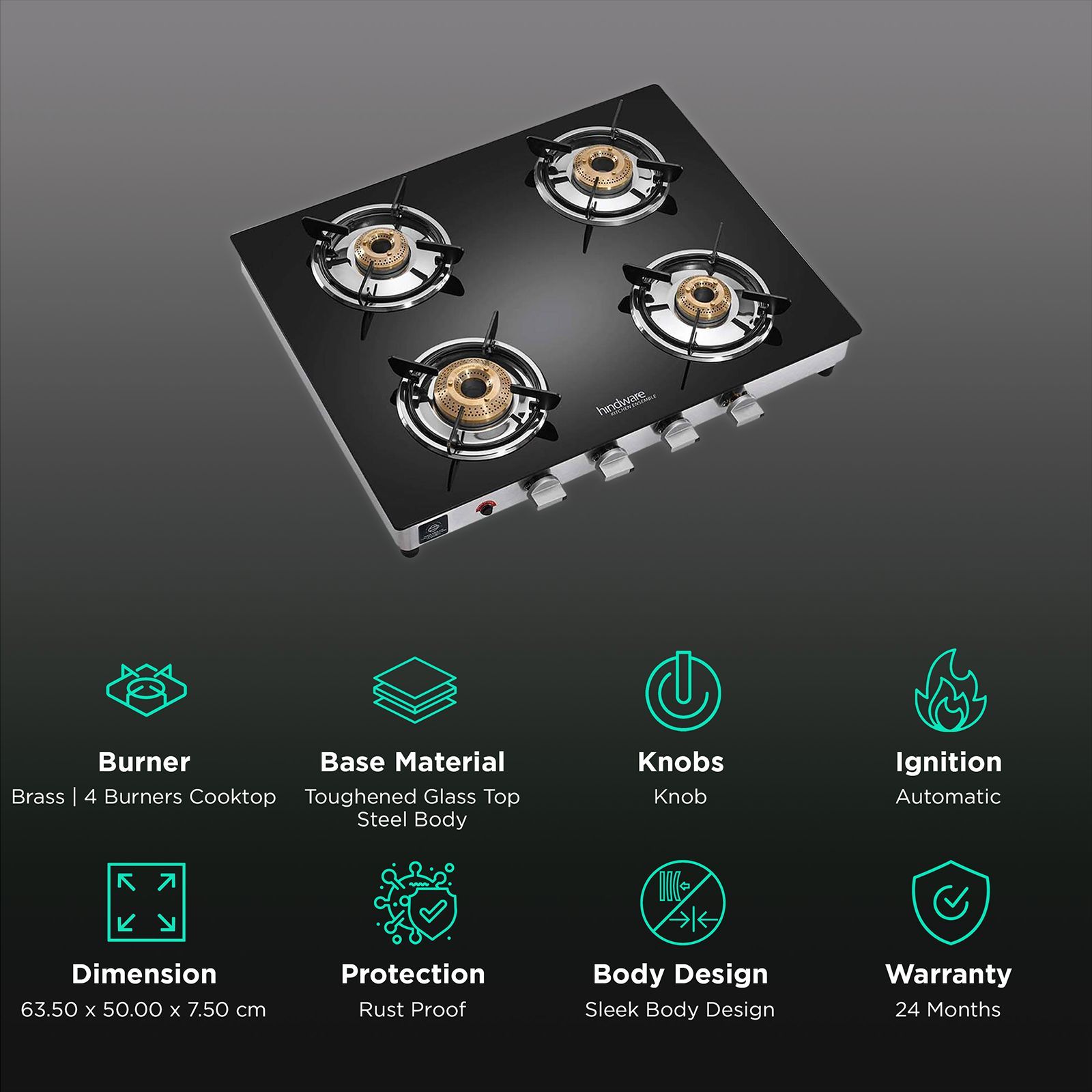 Hindware ARMO Plus Toughened Glass Top 4 Burner Automatic Gas Stove (Sleek Body Design, Black)_3