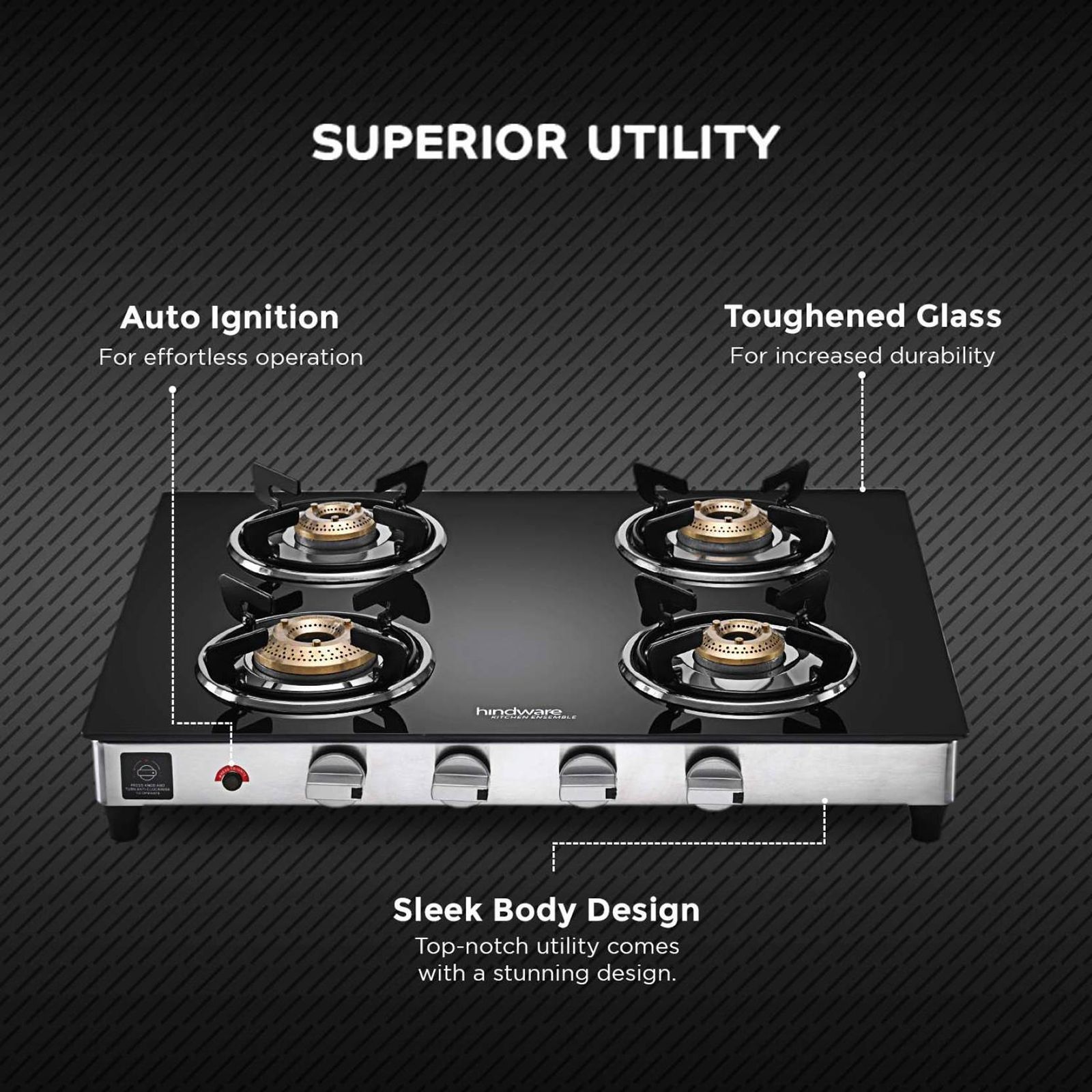 Hindware ARMO Plus Toughened Glass Top 4 Burner Automatic Gas Stove (Sleek Body Design, Black)_6