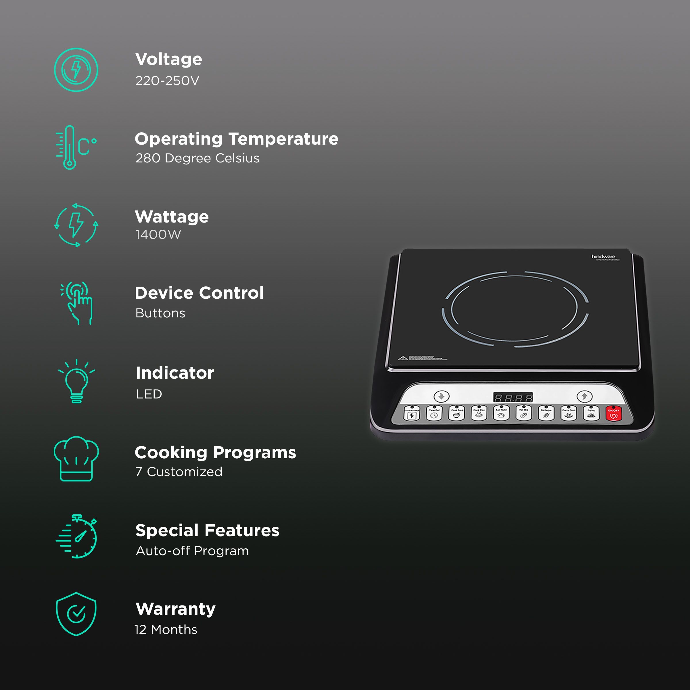 Hindware Ciro 1400W Induction Cooktop with 7 Preset Menus_3