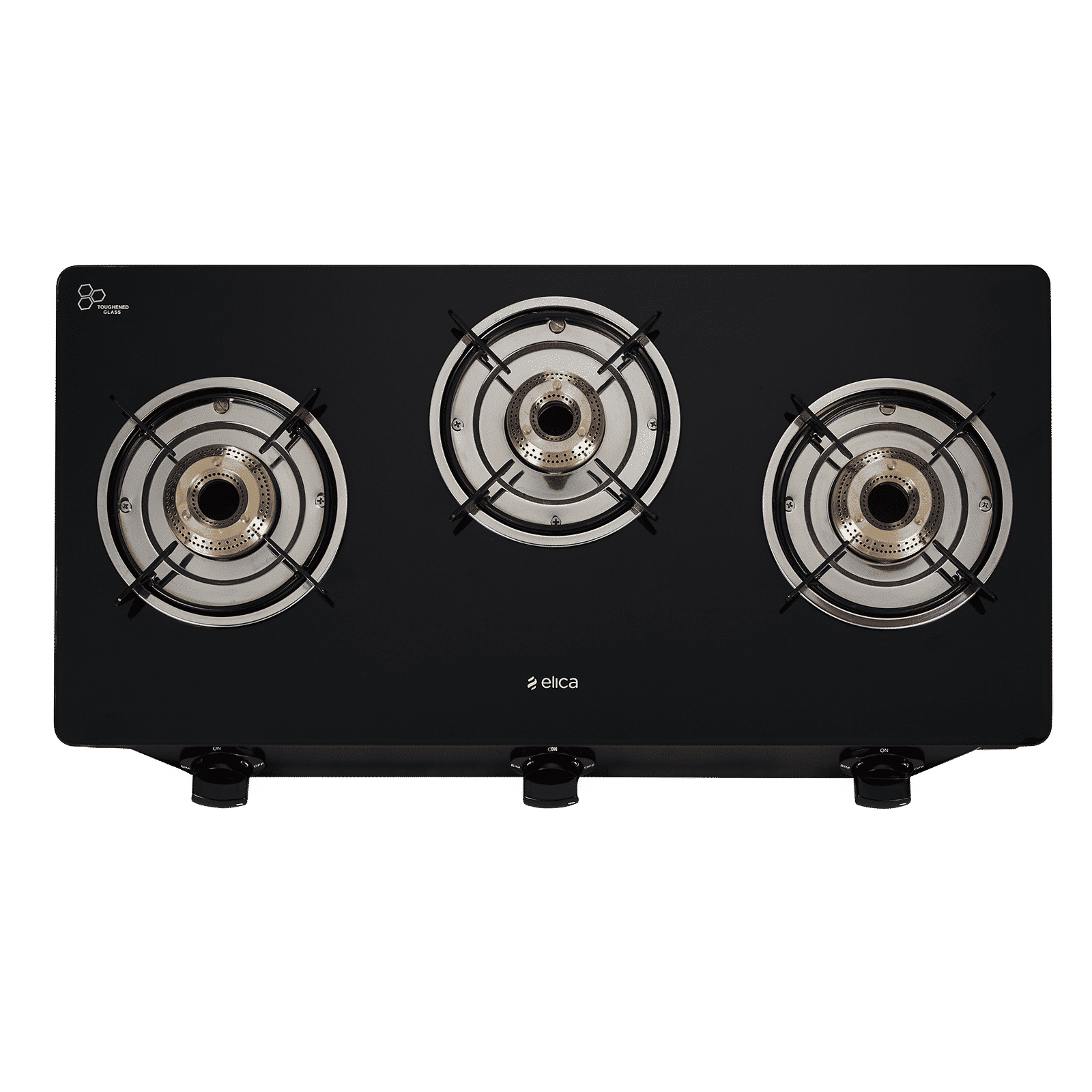 Elica 703 CT VETRO BK Toughened Glass Top 3 Burner Manual Gas Stove (Round Euro Coated Grid, Black)_1