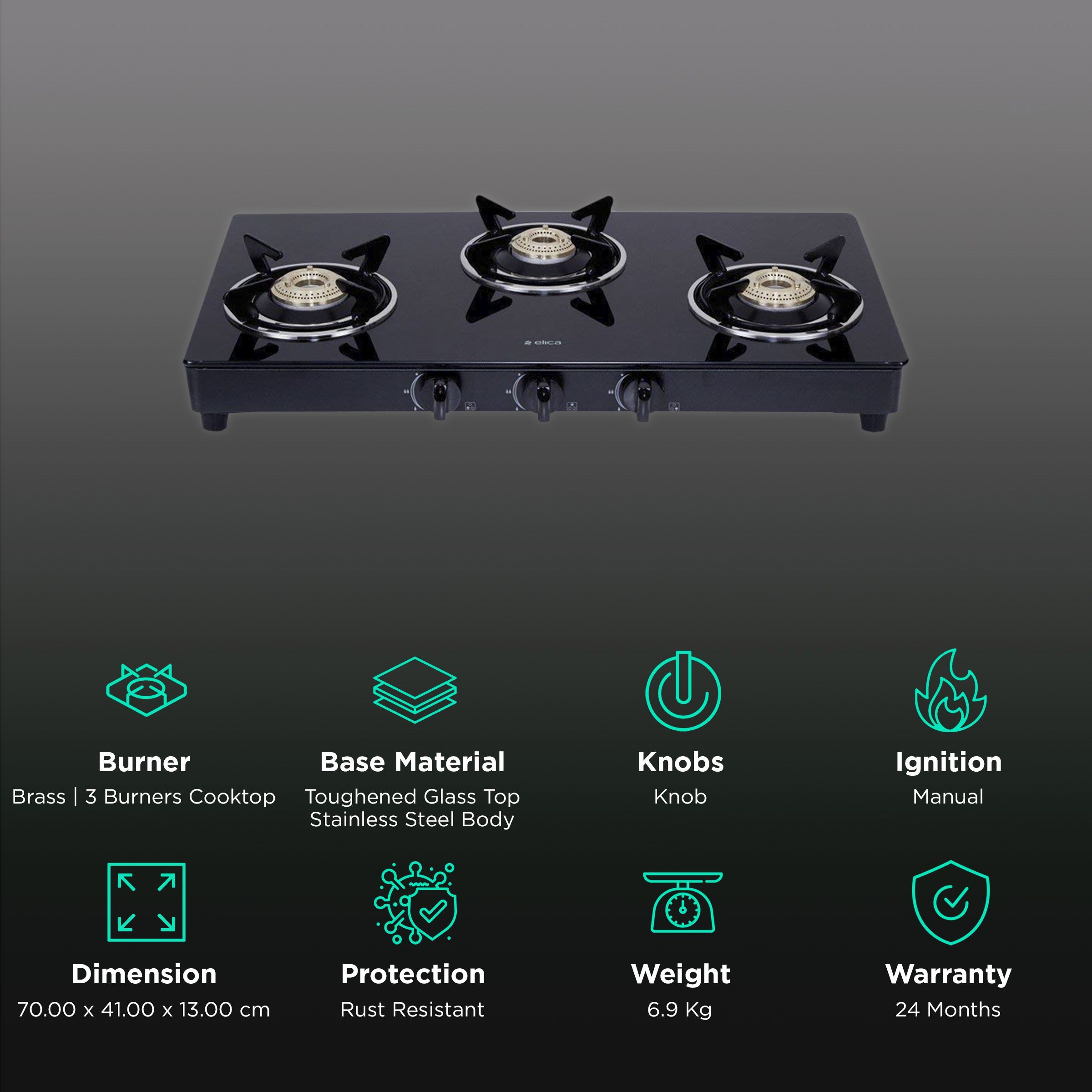Elica 703 CT VETRO BK Toughened Glass Top 3 Burner Manual Gas Stove (Round Euro Coated Grid, Black)_3