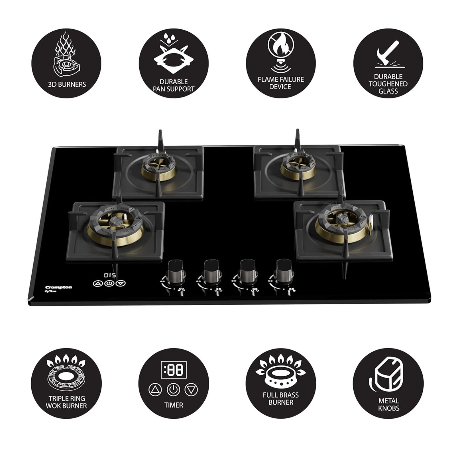 Crompton Optime Toughened Glass Top 4 Burner Automatic Hob (3D Flame Technology, Midnight Black)_9