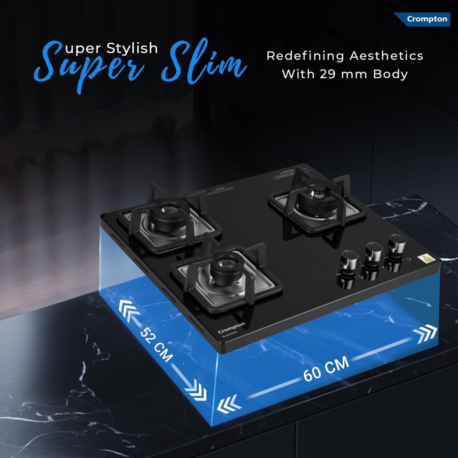 Crompton SuperSlim Toughened Glass Top 3 Burner Automatic Hob (Triple Ring Burner, Midnight Black)_6