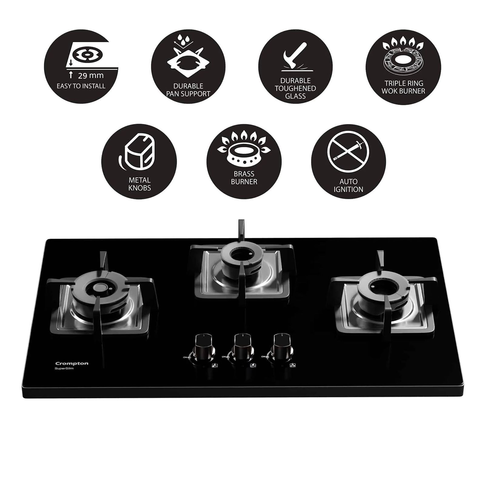 Crompton SuperSlim Toughened Glass Top 3 Burner Automatic Hob (Triple Ring Burner, Midnight Black)_6