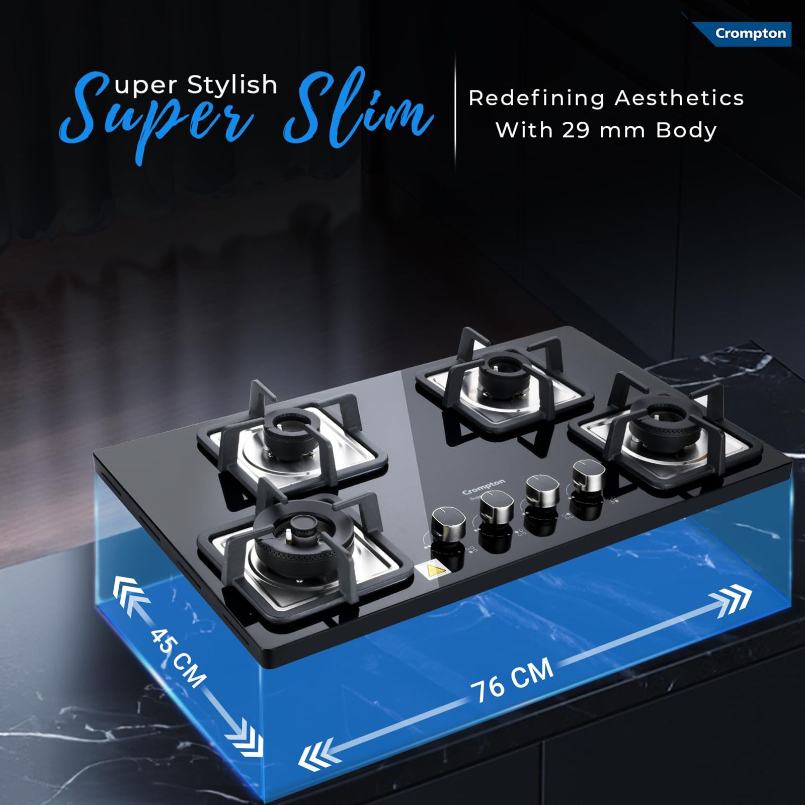 Crompton SuperSlim Toughened Glass Top 4 Burner Automatic Hob (Heat Resistant Metal Knob, Midnight Black)_8
