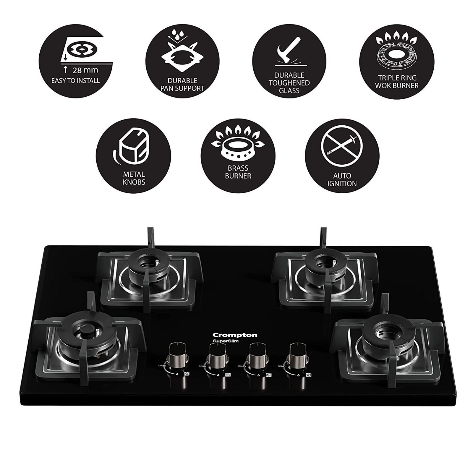 Crompton SuperSlim Toughened Glass Top 4 Burner Automatic Hob (Heat Resistant Metal Knob, Midnight Black)_5