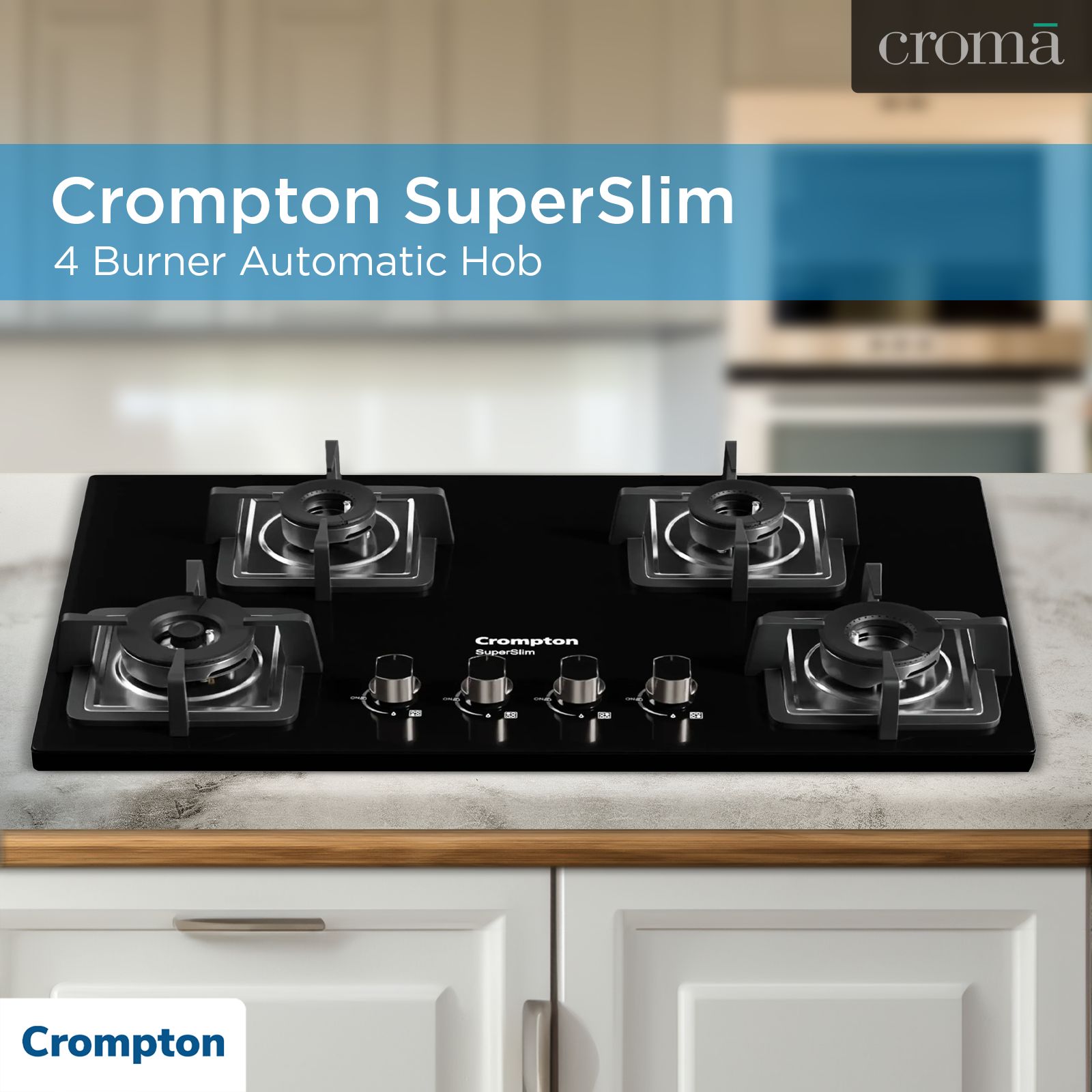 Crompton SuperSlim Toughened Glass Top 4 Burner Automatic Hob (Enamel Coating Cast Iron Pan Support, Midnight Black)_9