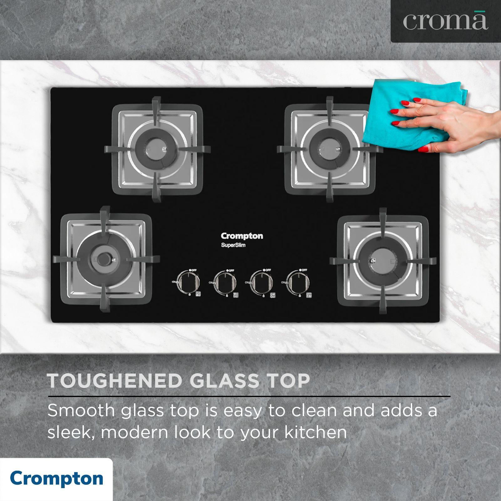 Crompton SuperSlim Toughened Glass Top 4 Burner Automatic Hob (Enamel Coating Cast Iron Pan Support, Midnight Black)_11