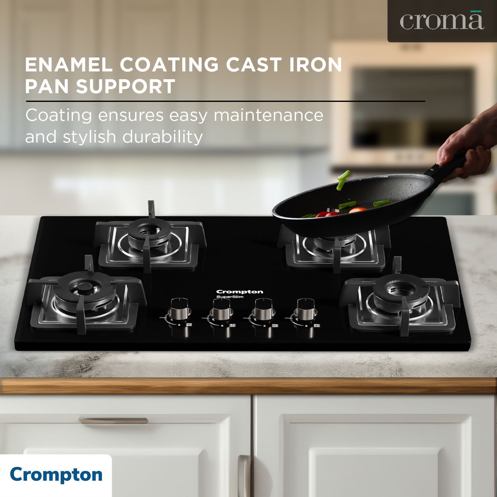 Crompton SuperSlim Toughened Glass Top 4 Burner Automatic Hob (Enamel Coating Cast Iron Pan Support, Midnight Black)_12