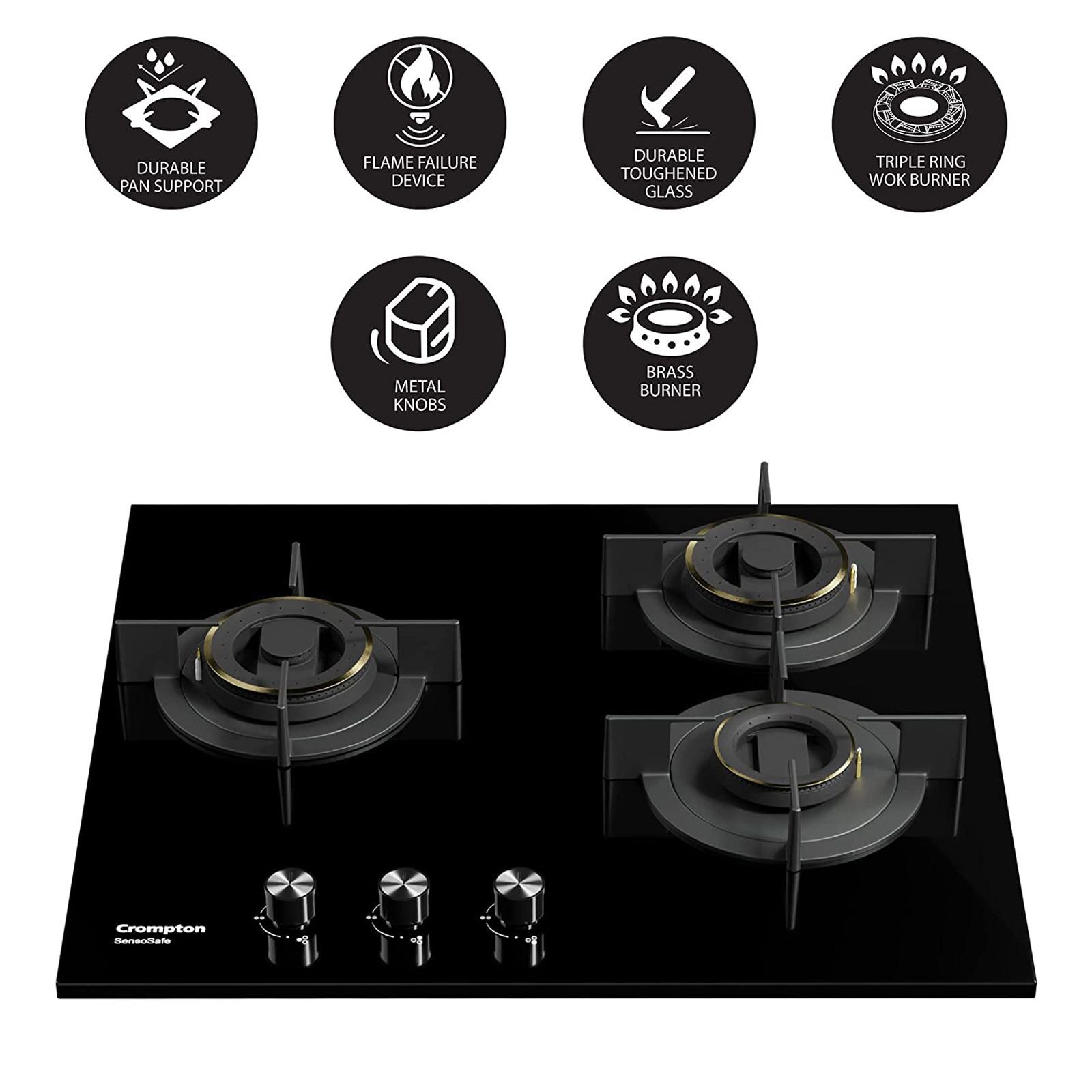 Crompton SensoSafe Toughened Glass Top 3 Burner Automatic Hob (Triple Ring Burner, Midnight Black)_9