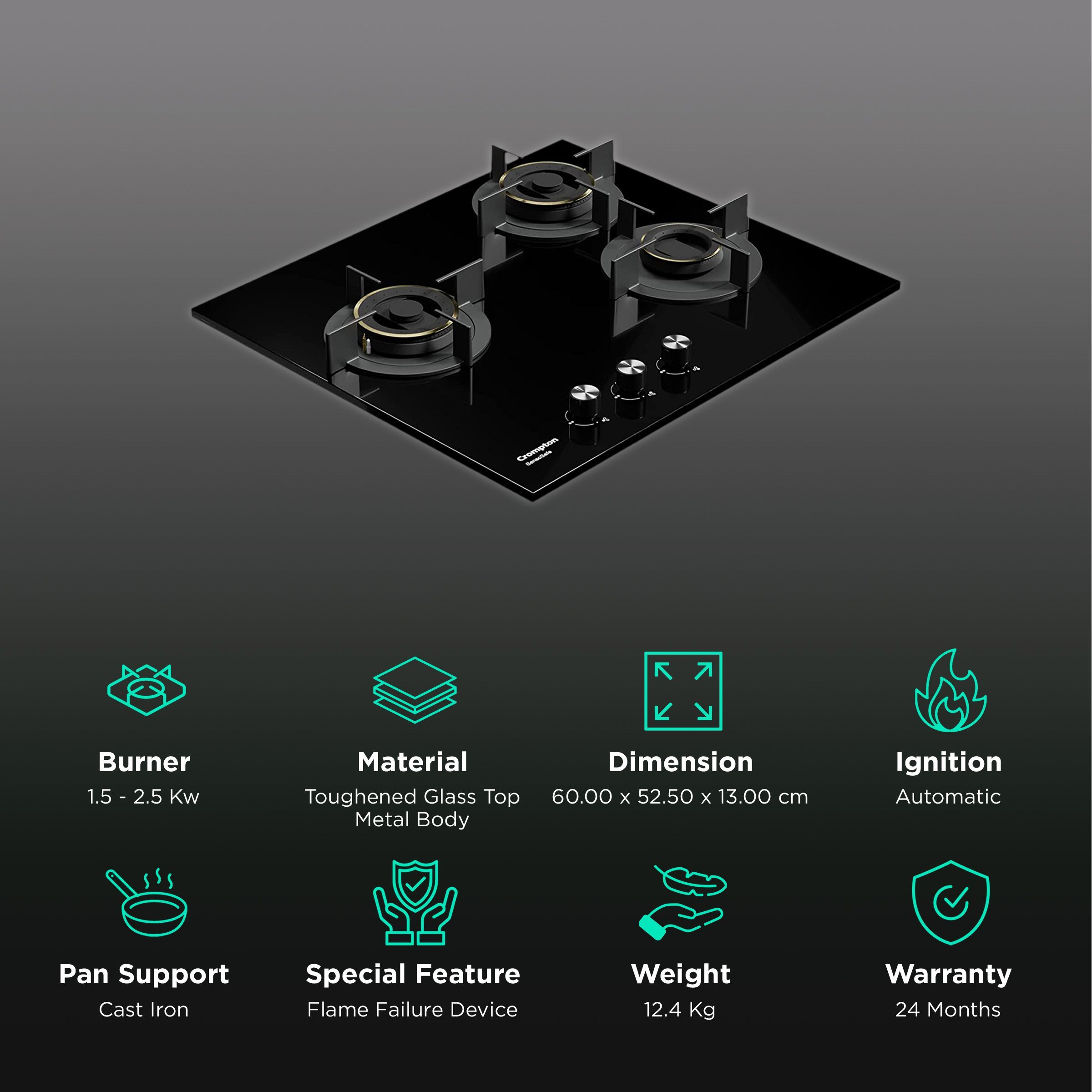 Crompton SensoSafe Toughened Glass Top 3 Burner Automatic Hob (Triple Ring Burner, Midnight Black)_3
