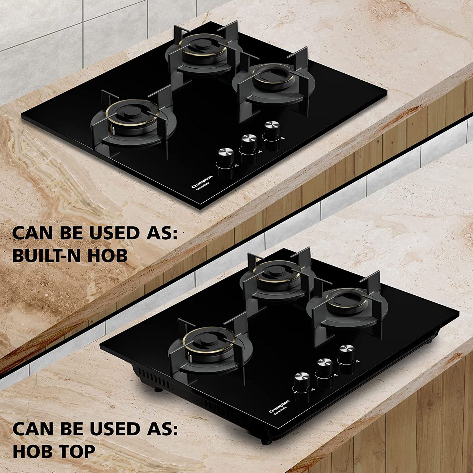 Crompton SensoSafe Toughened Glass Top 3 Burner Automatic Hob (Triple Ring Burner, Midnight Black)_6