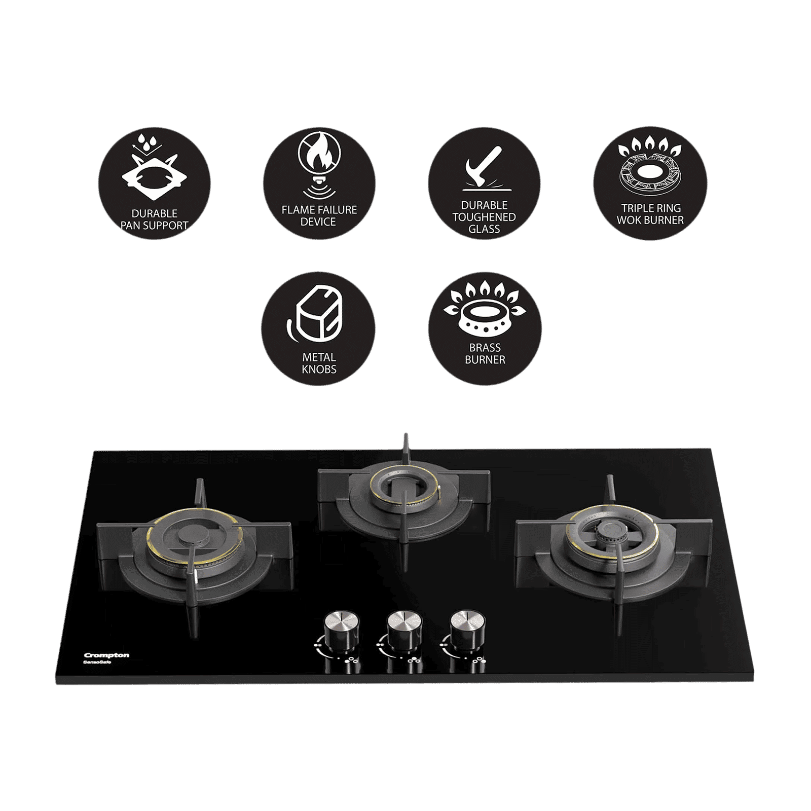 Crompton SensoSafe Toughened Glass Top 3 Burner Automatic Hob (Triple Ring Burner, Midnight Black)_8
