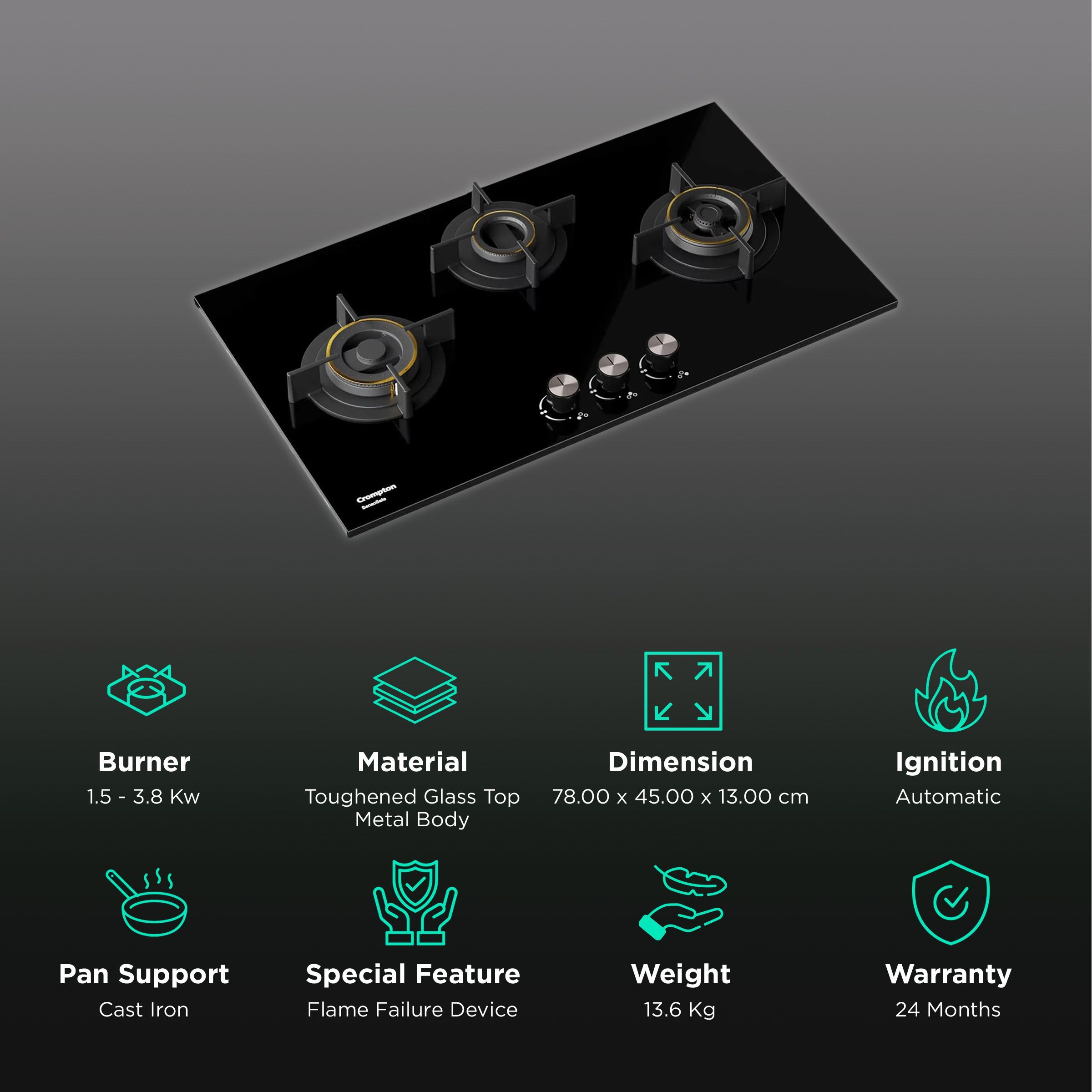 Crompton SensoSafe Toughened Glass Top 3 Burner Automatic Hob (Triple Ring Burner, Midnight Black)_3