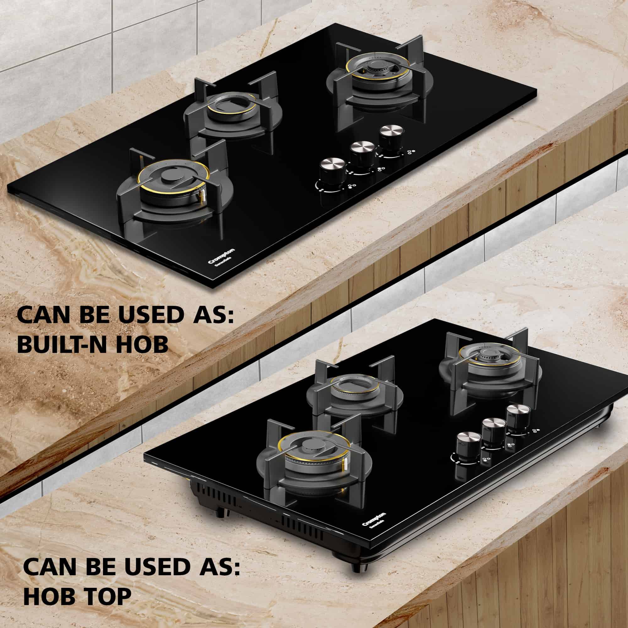 Crompton SensoSafe Toughened Glass Top 3 Burner Automatic Hob (Triple Ring Burner, Midnight Black)_6