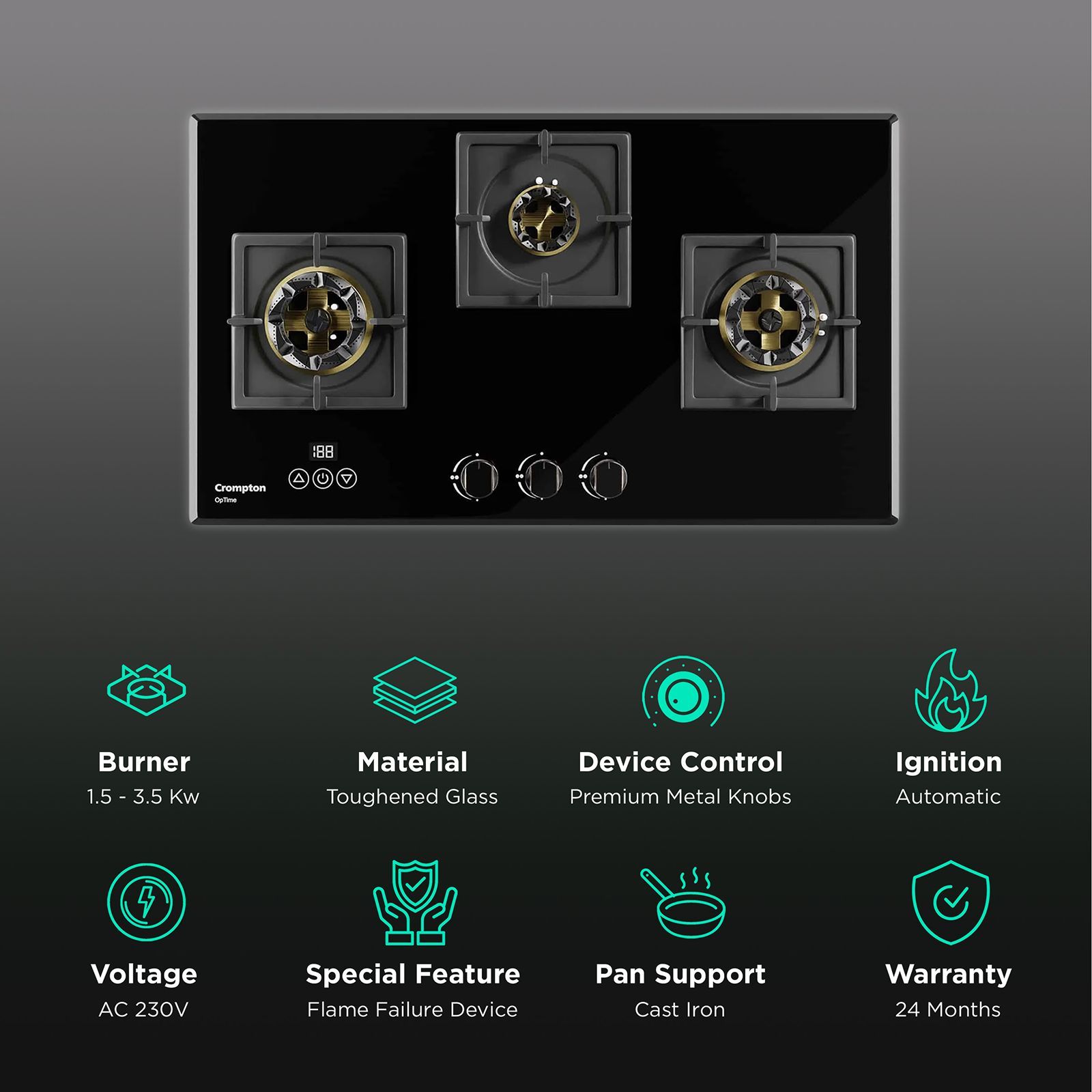 Crompton Optime Toughened Glass Top 3 Burner Automatic Hob (3D Flame Technology, Midnight Black)_3