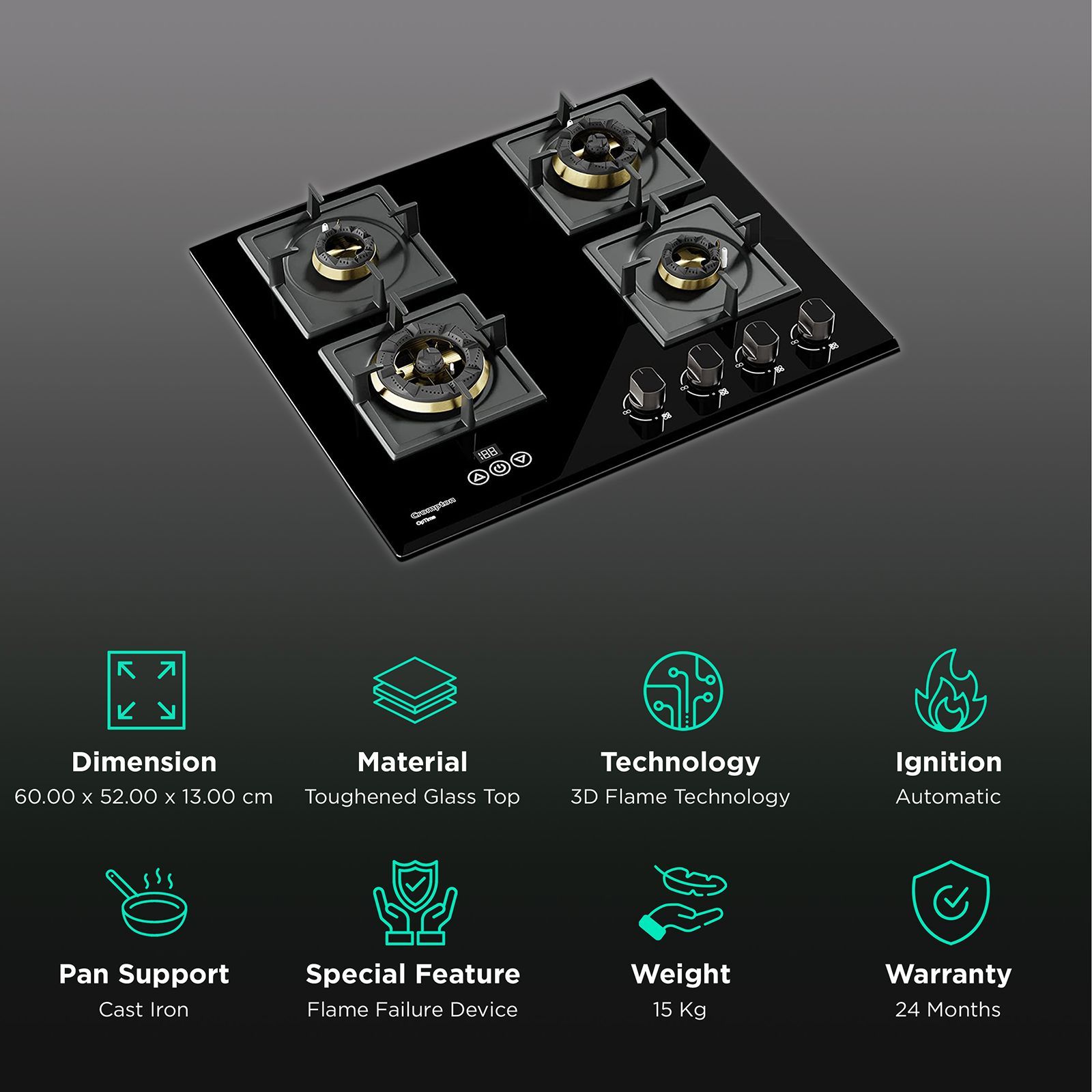 Crompton Optime Toughened Glass Top 4 Burner Automatic Hob (3D Flame Technology, Midnight Black)_3