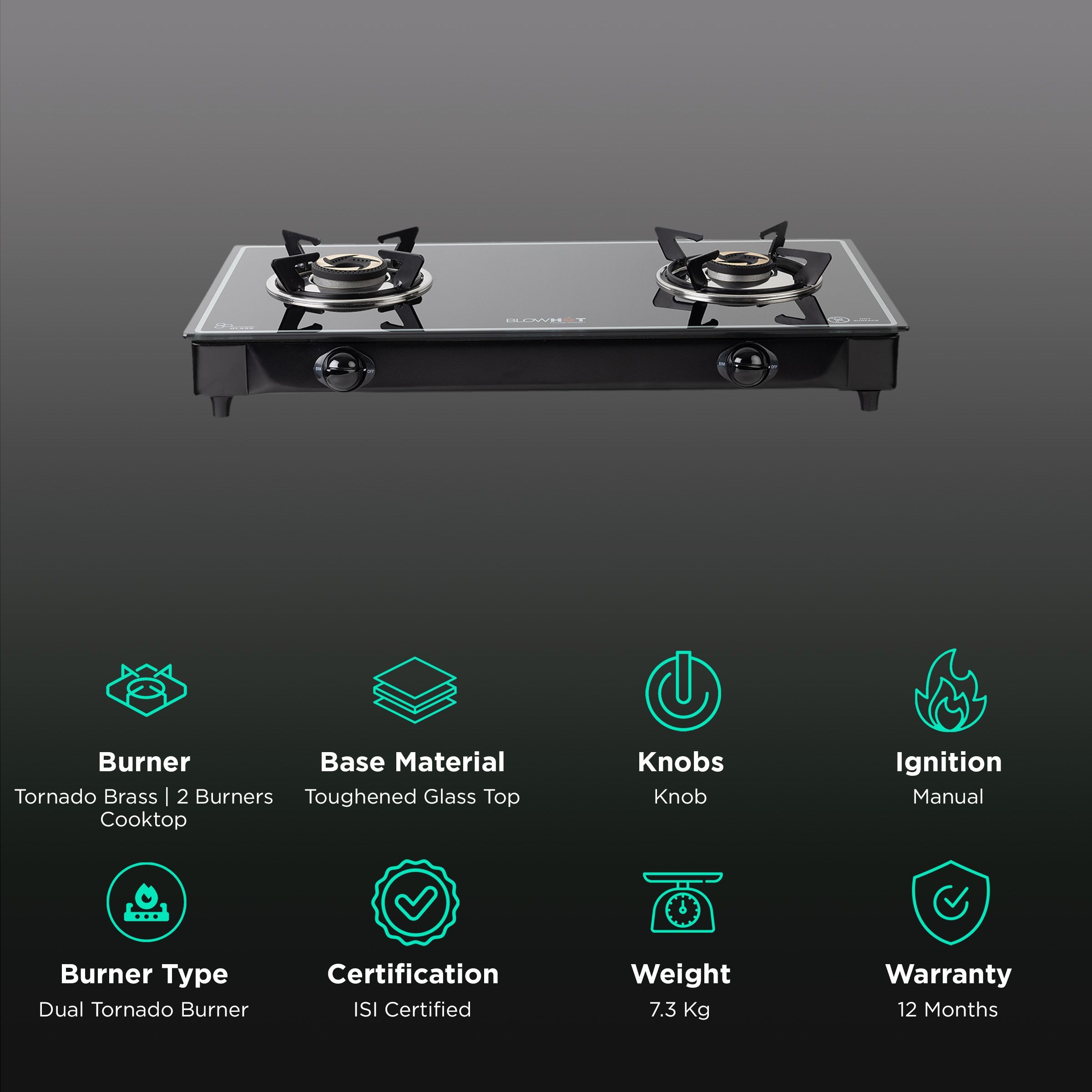 Blowhot Opal Toughened Glass Top 2 Burner Manual Gas Stove (ISI Certified, Black)_3