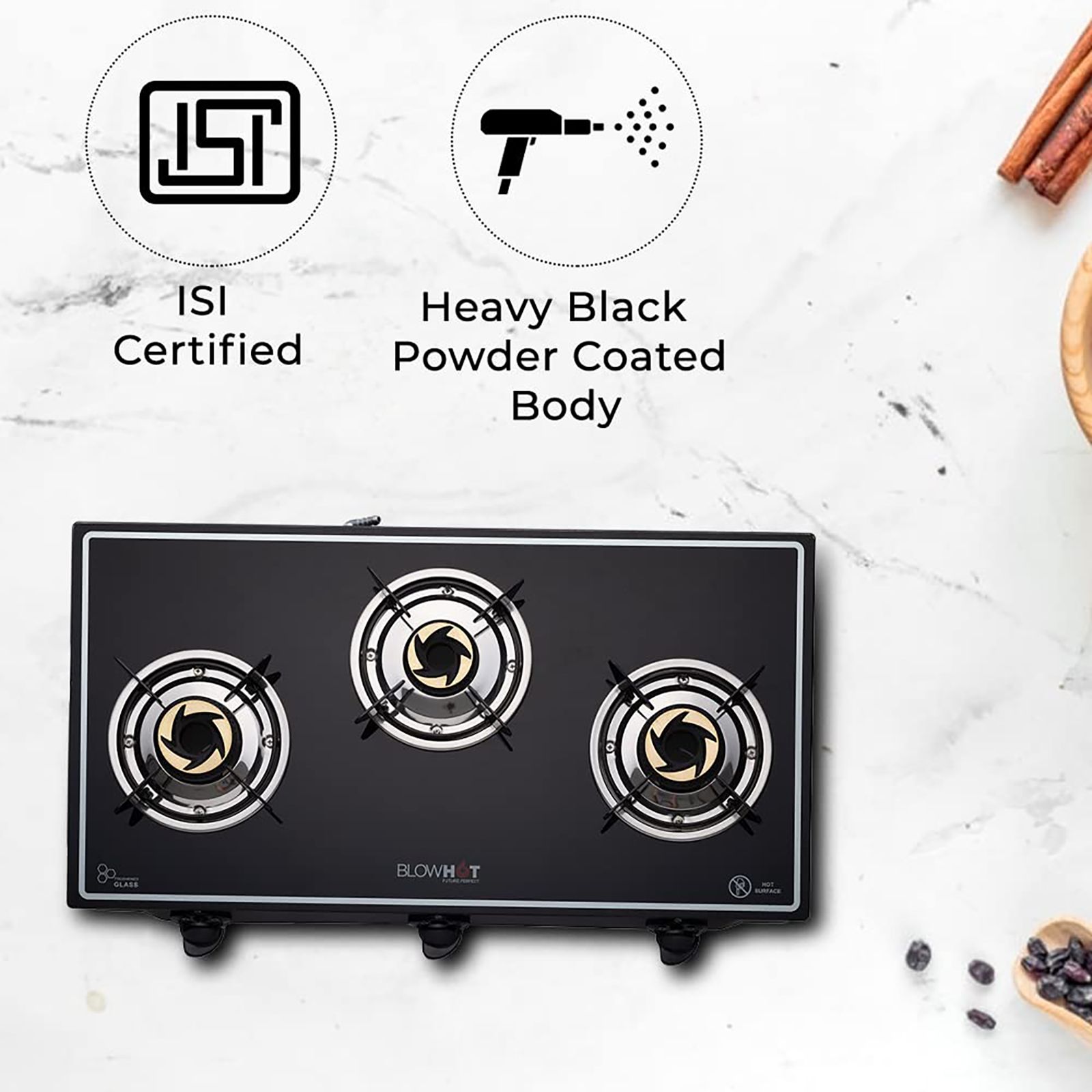 Blowhot Opal Toughened Glass Top 3 Burner Manual Gas Stove (ISI Certified, Black)_10