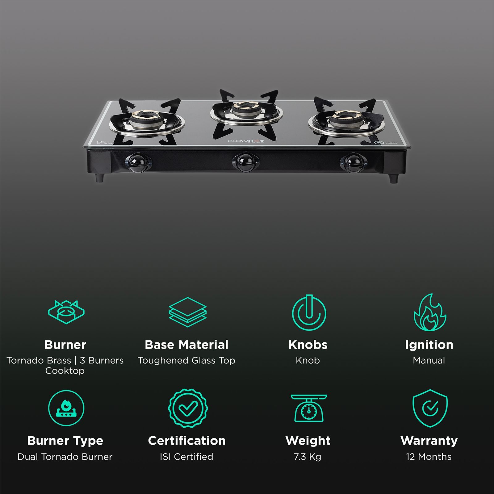 Blowhot Opal Toughened Glass Top 3 Burner Manual Gas Stove (ISI Certified, Black)_3