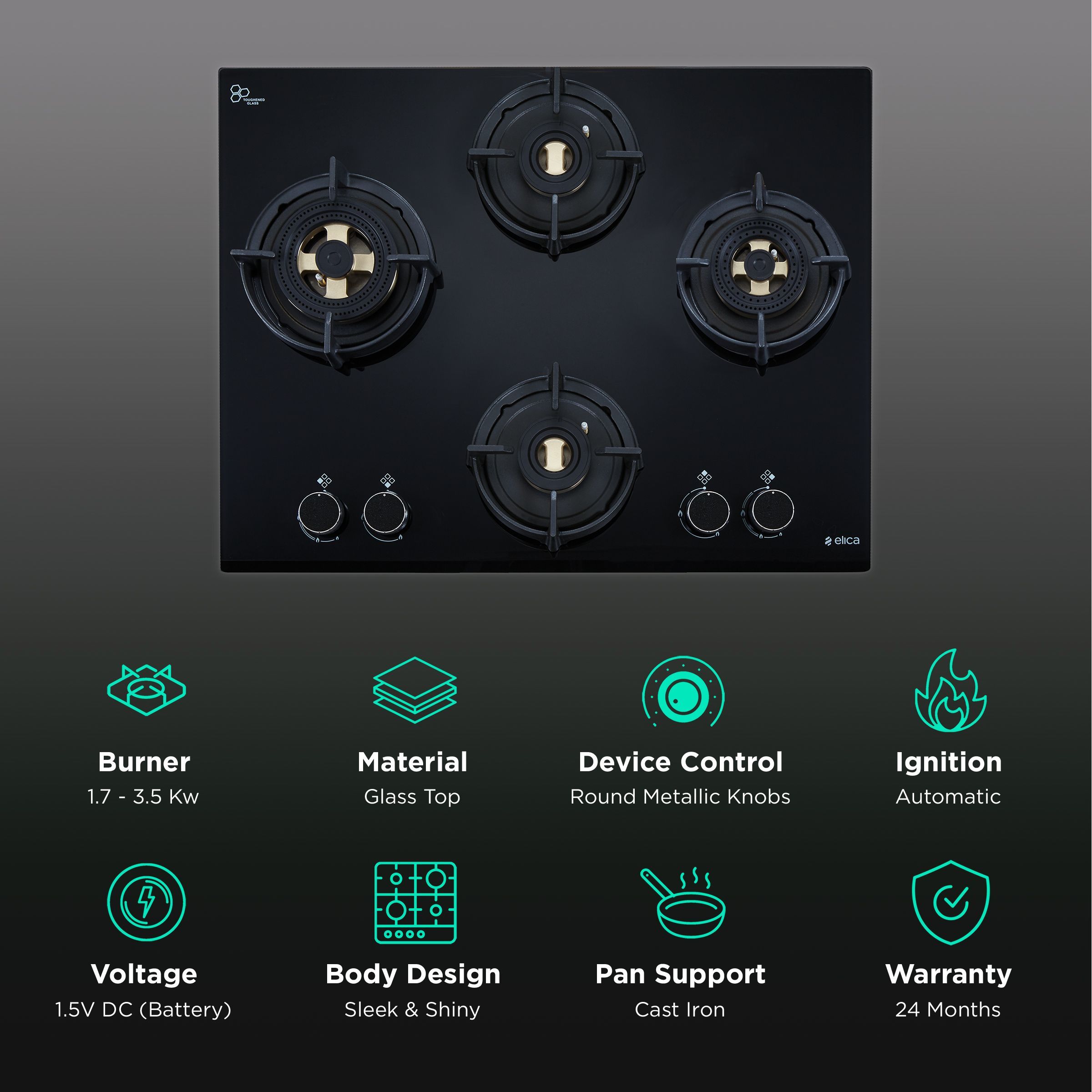 Elica FLEXI DFS FB 4B 60 DX Glass Top 4 Burner Automatic Hob (Cast Iron Pan Support, Black)_3