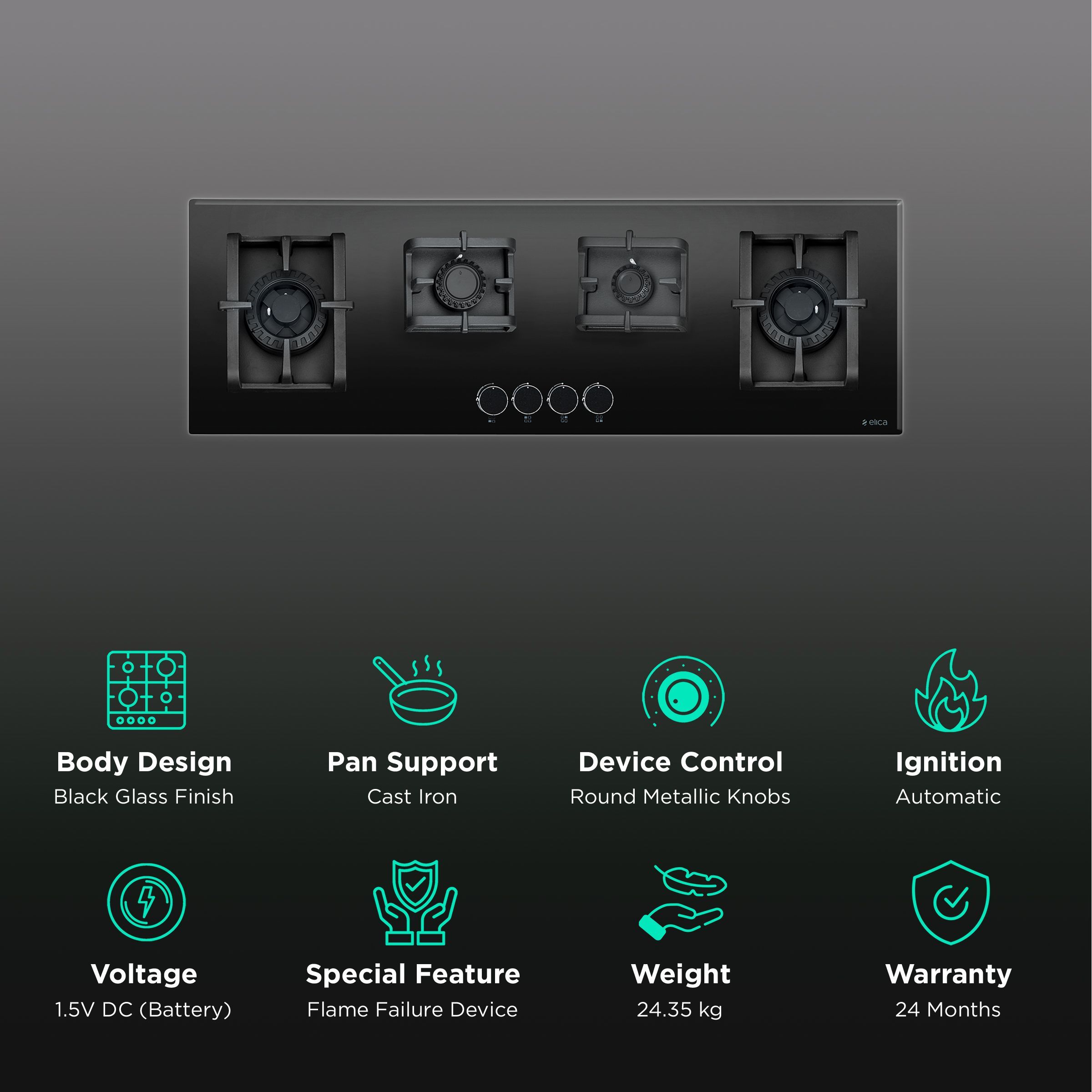 Elica CT PRO MFC 120 DX SWIRL FFD 4 Burner Automatic Hob (Cast Iron Pan Support, Black)_3