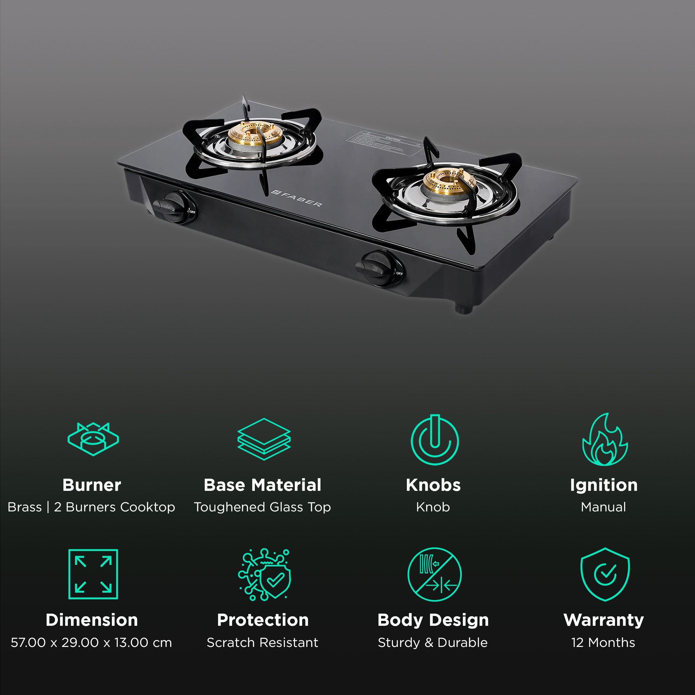 Faber ARROW 2BB BK Toughened Glass Top 2 Burner Manual Gas Stove (Anti Leak Technology, Black)_3