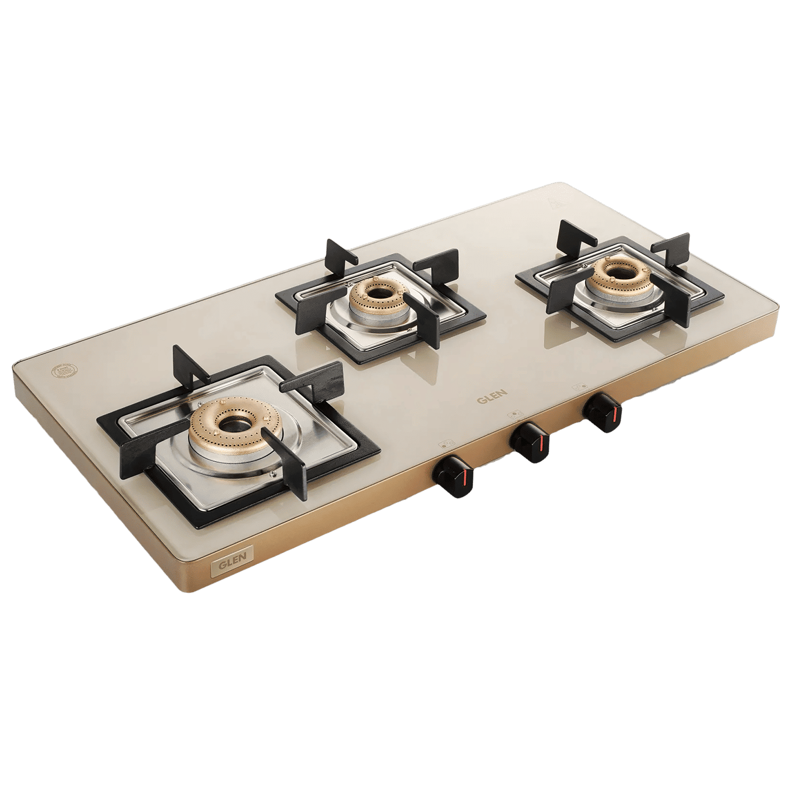 Glen Ultra Slim Toughened Glass Top 3 Burner Manual Gas Stove (Vitreous Enamelled Pan Support, Apricot)_1