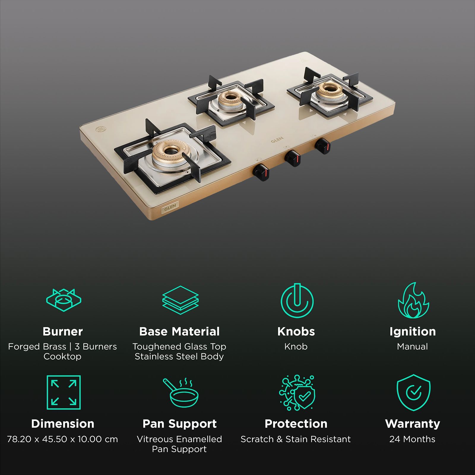 Glen Ultra Slim Toughened Glass Top 3 Burner Manual Gas Stove (Vitreous Enamelled Pan Support, Apricot)_3