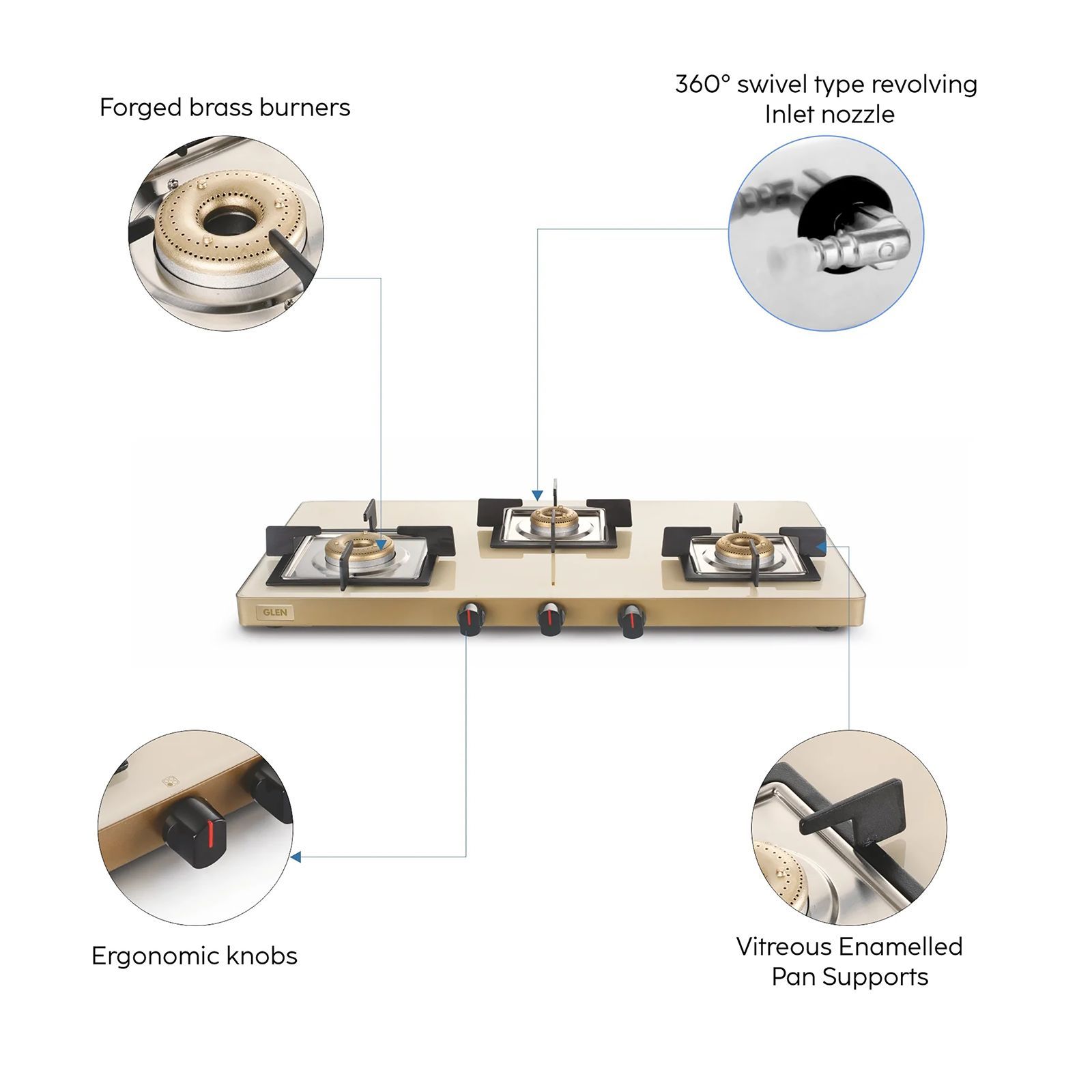 Glen Ultra Slim Toughened Glass Top 3 Burner Manual Gas Stove (Vitreous Enamelled Pan Support, Apricot)_6