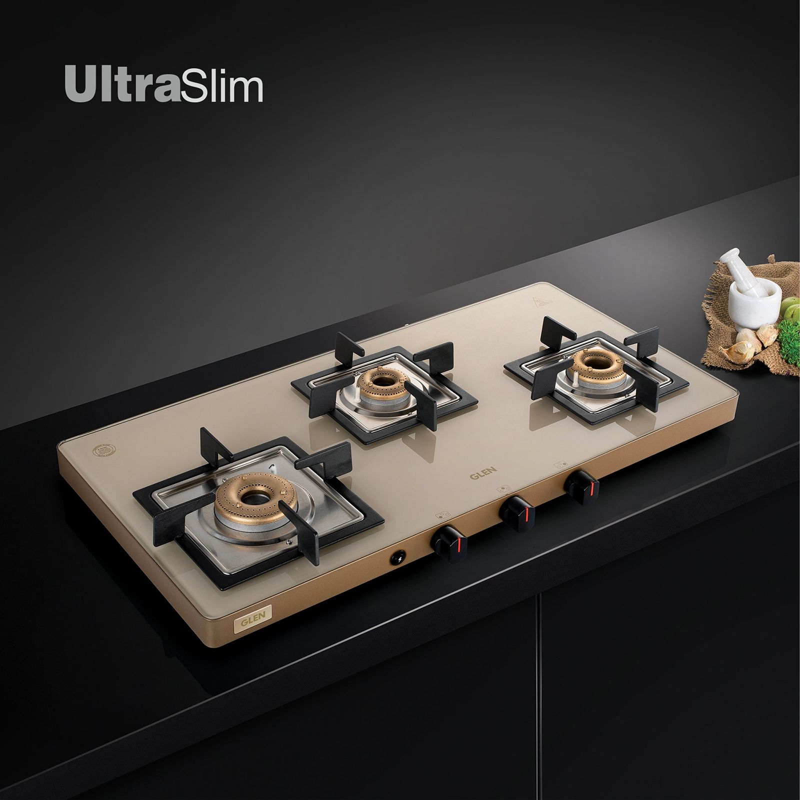 Glen Ultra Slim Toughened Glass Top 3 Burner Automatic Gas Stove (Vitreous Enamelled Pan Support, Apricot)_9