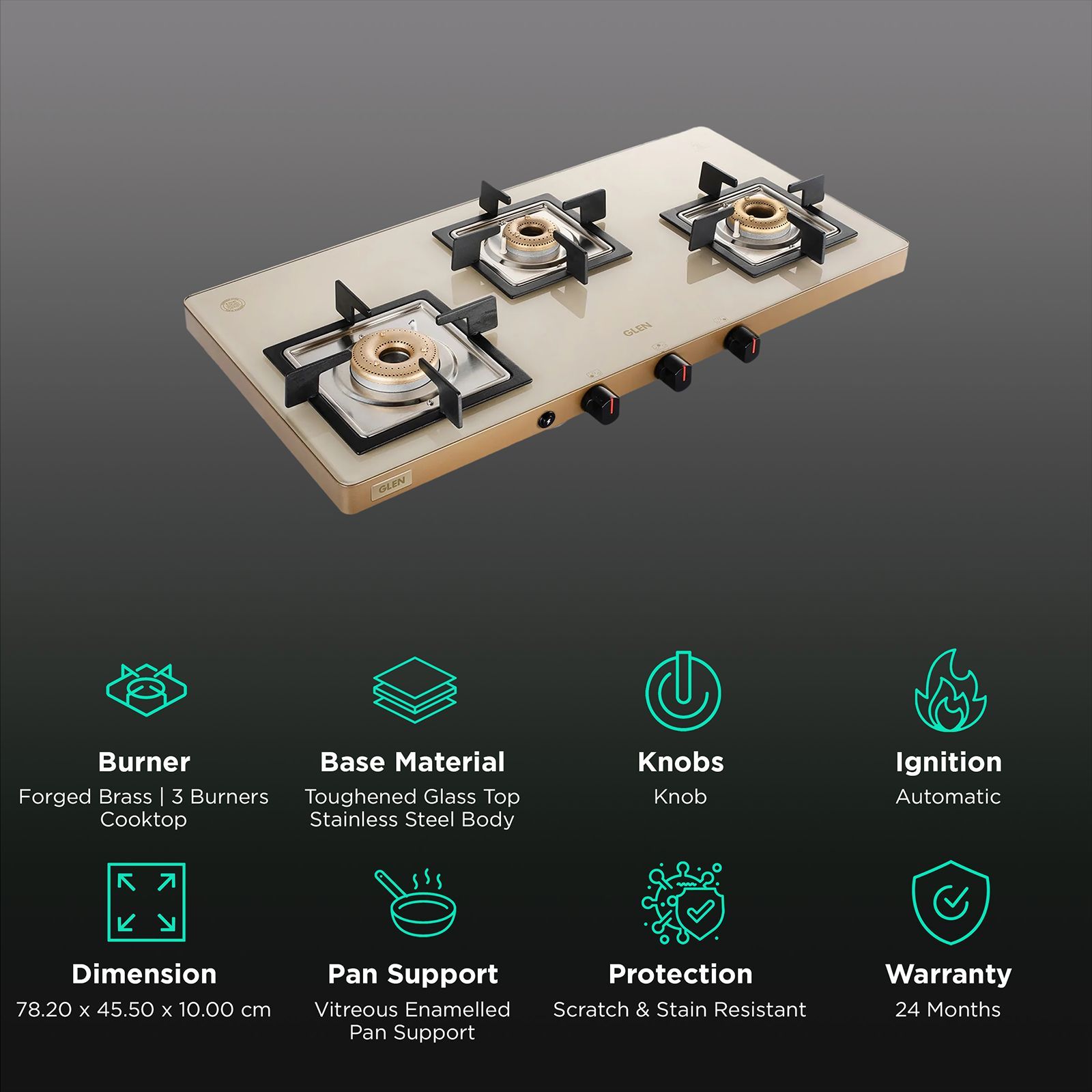 Glen Ultra Slim Toughened Glass Top 3 Burner Automatic Gas Stove (Vitreous Enamelled Pan Support, Apricot)_3