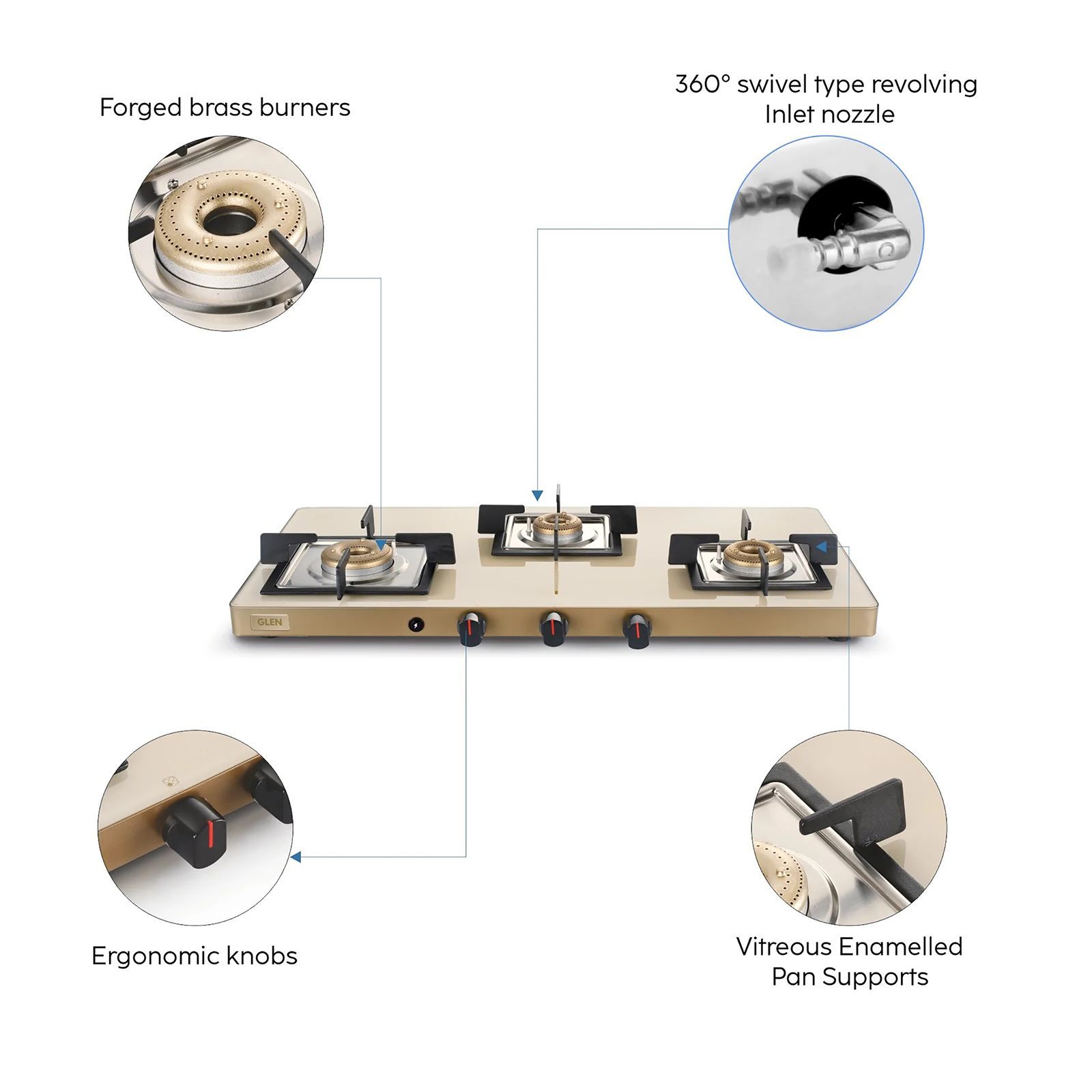 Glen Ultra Slim Toughened Glass Top 3 Burner Automatic Gas Stove (Vitreous Enamelled Pan Support, Apricot)_5