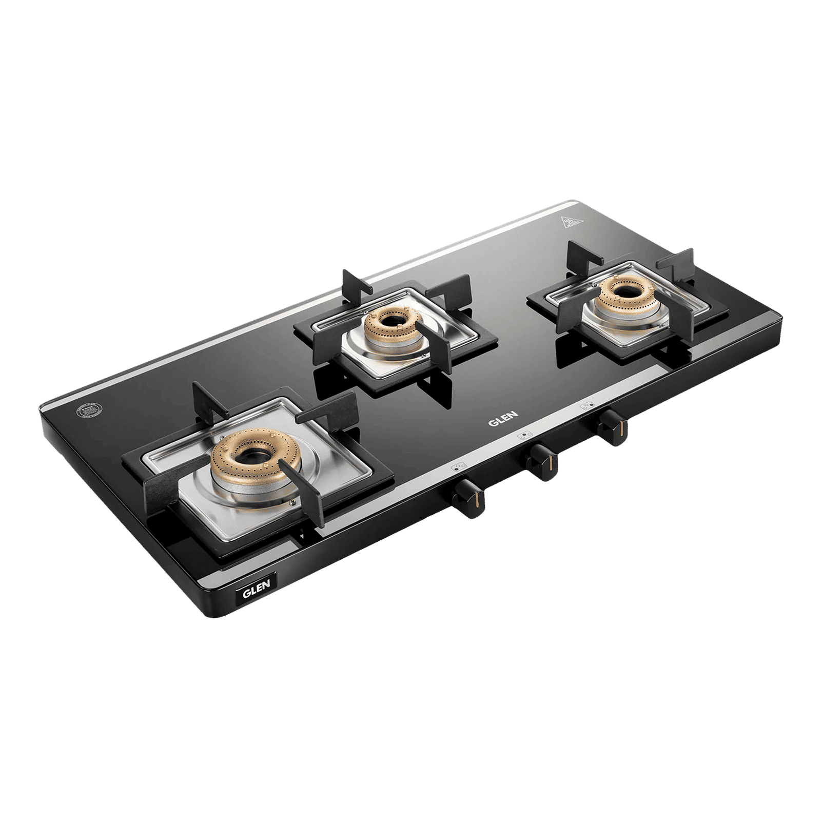 Glen Ultra Slim Mirror Toughened Glass Top 3 Burner Manual Gas Stove (Vitreous Enamelled Pan Support, Black)_1