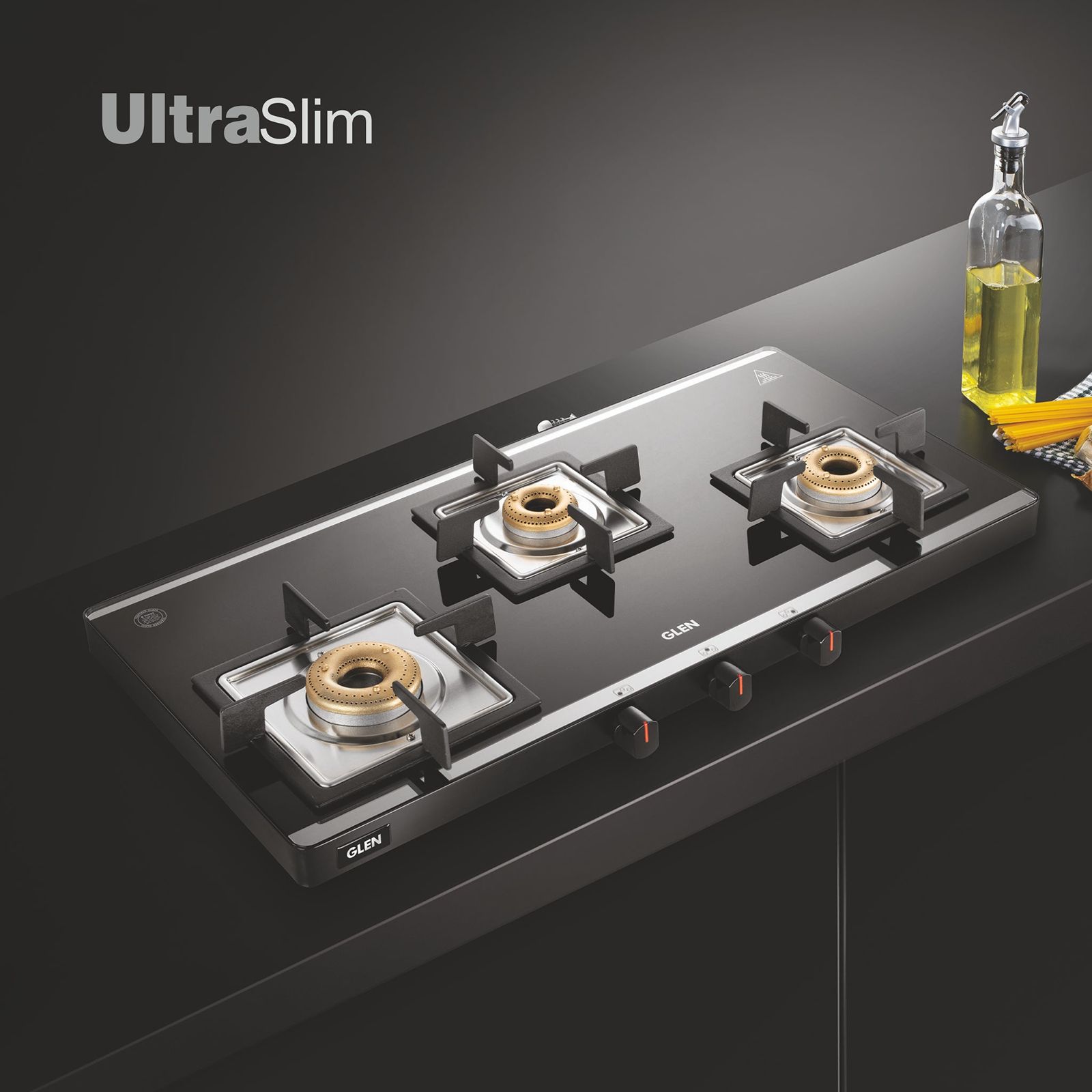 Glen Ultra Slim Mirror Toughened Glass Top 3 Burner Manual Gas Stove (Vitreous Enamelled Pan Support, Black)_9