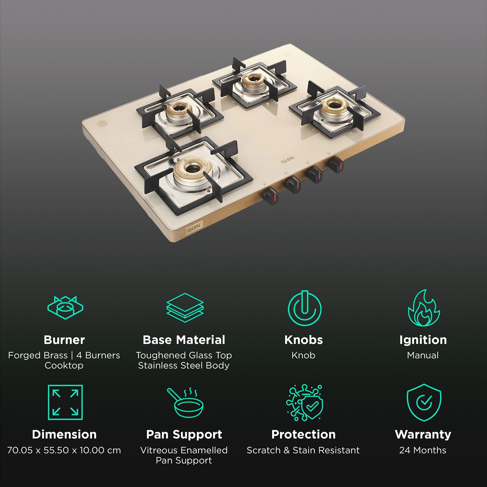 Glen Ultra Slim Toughened Glass Top 4 Burner Manual Gas Stove (Vitreous Enamelled Pan Support, Apricot)_3
